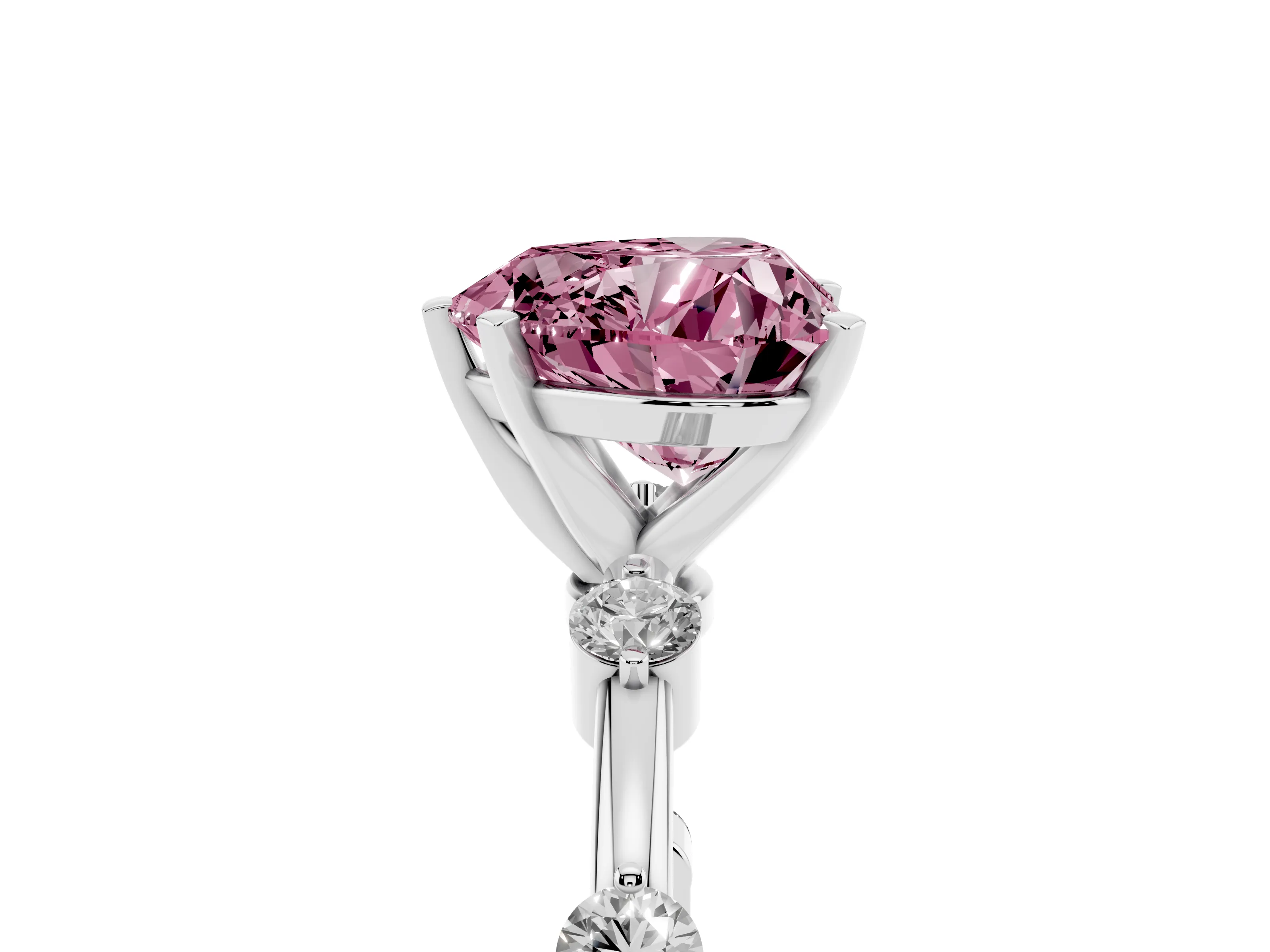 Fancy Pink Heart Cut Diamond Solitaire Ring Set in White gold with Bezel Set Side Stones and Prong Setting
