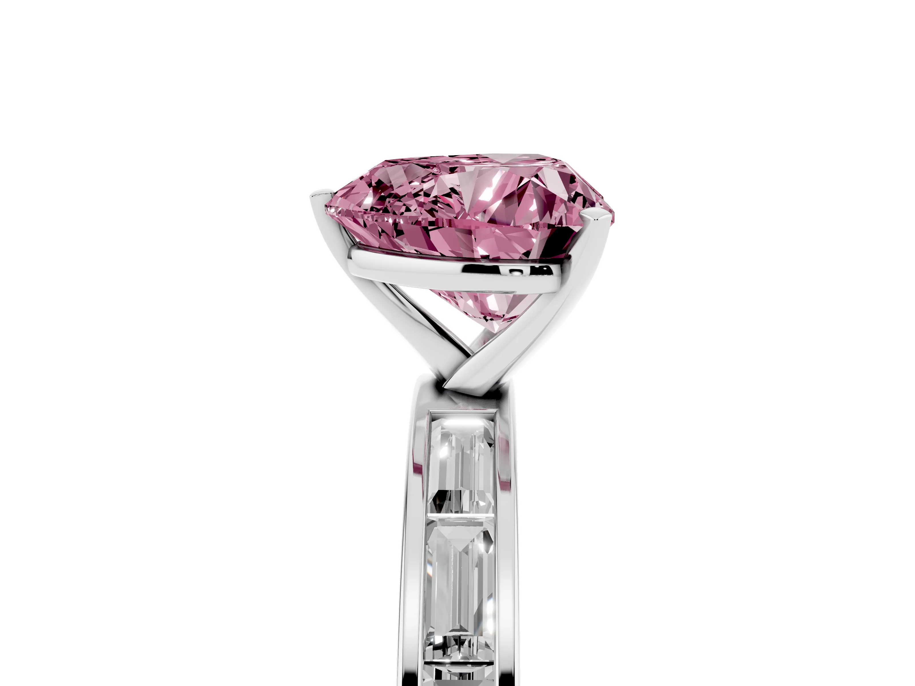 Fancy Pink Heart Cut Diamond Solitaire Ring Set in Platinum with Channel-Set Baguette Band and Prong Setting