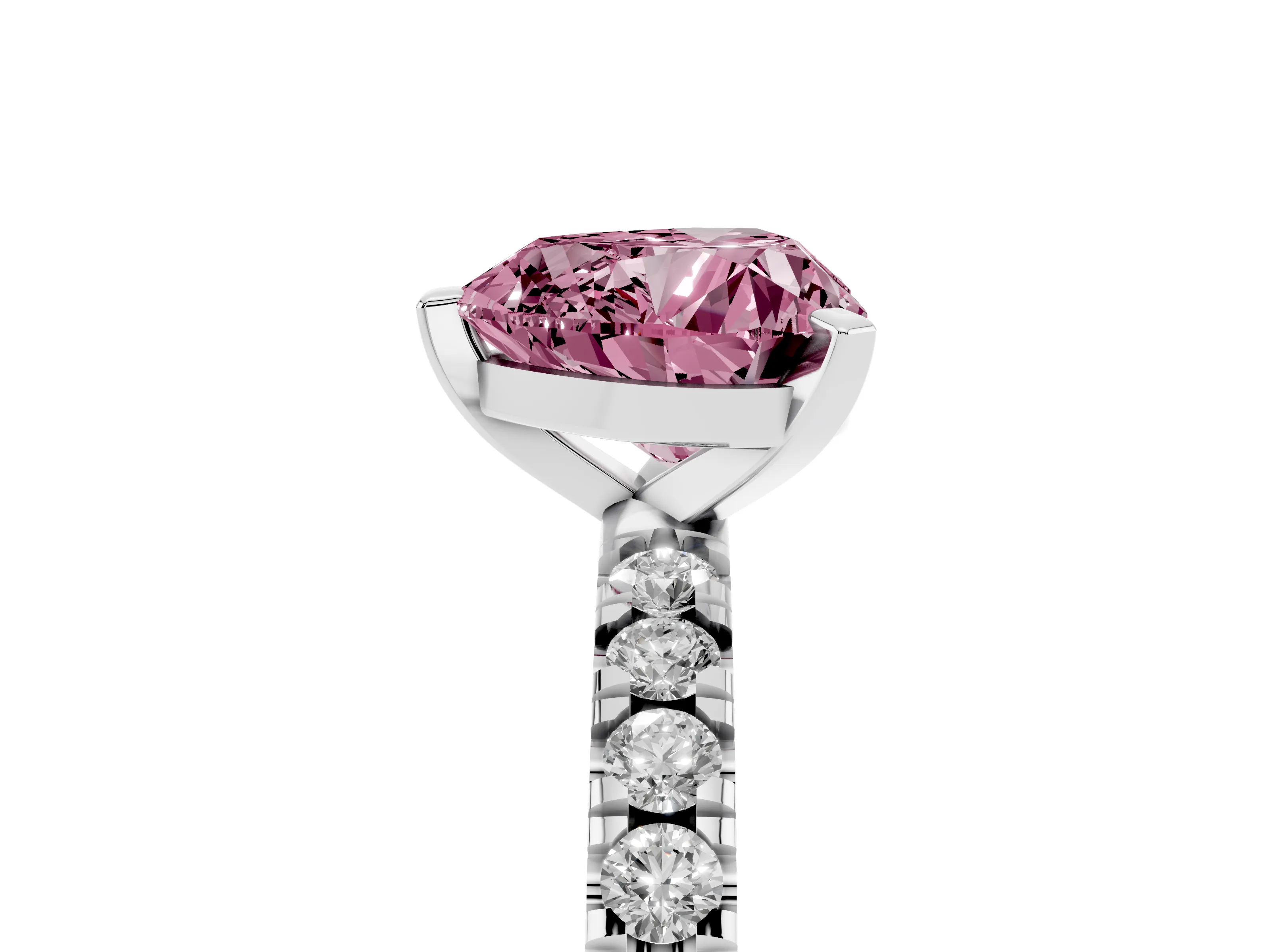 Fancy Pink Heart Cut Diamond Pavé Band Solitaire Set in Silver with Prong Setting