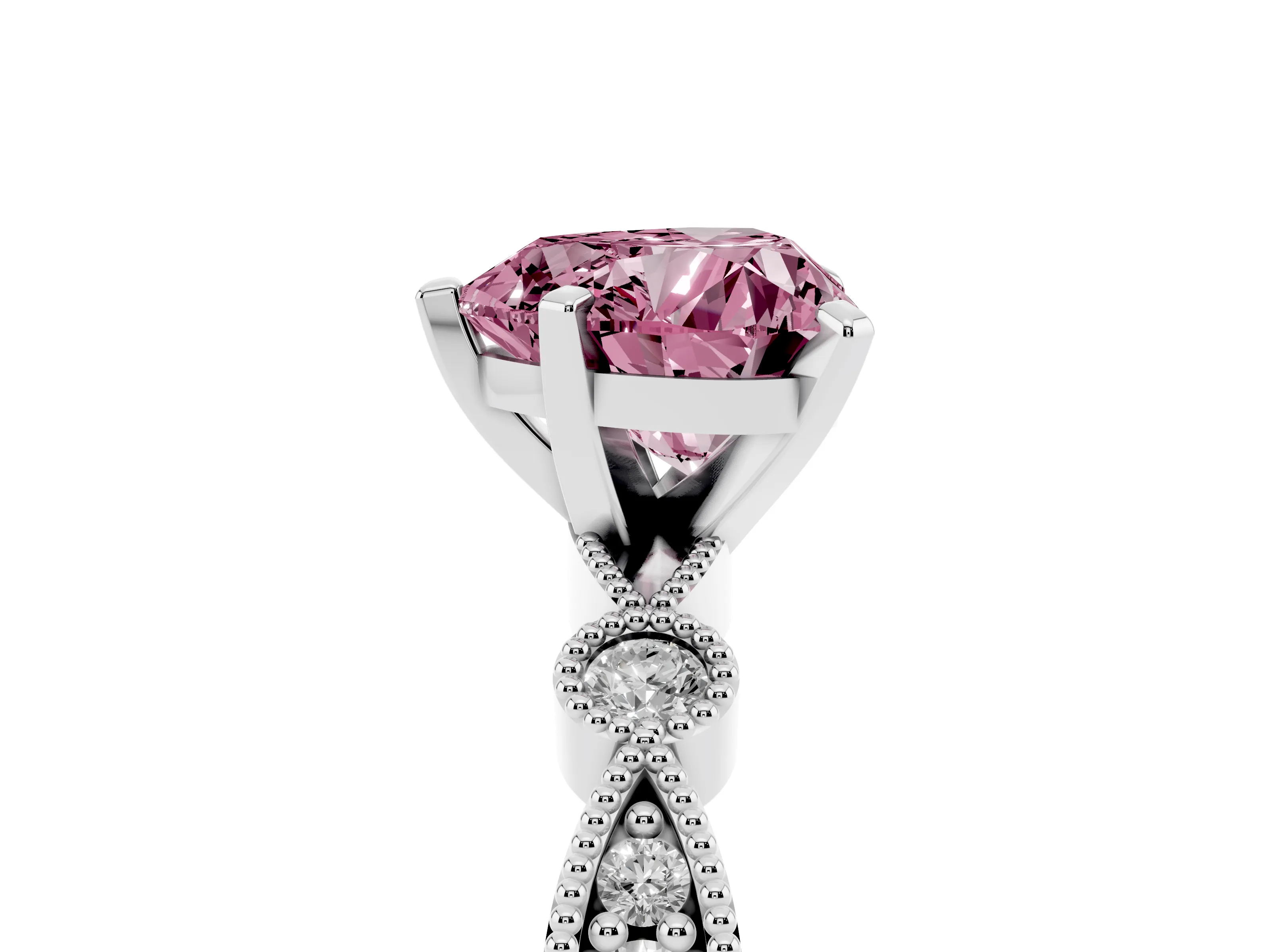 Fancy Pink Heart Cut Diamond Solitaire Engagement Ring Set in Silver with Milgrain Bezel Accent Band