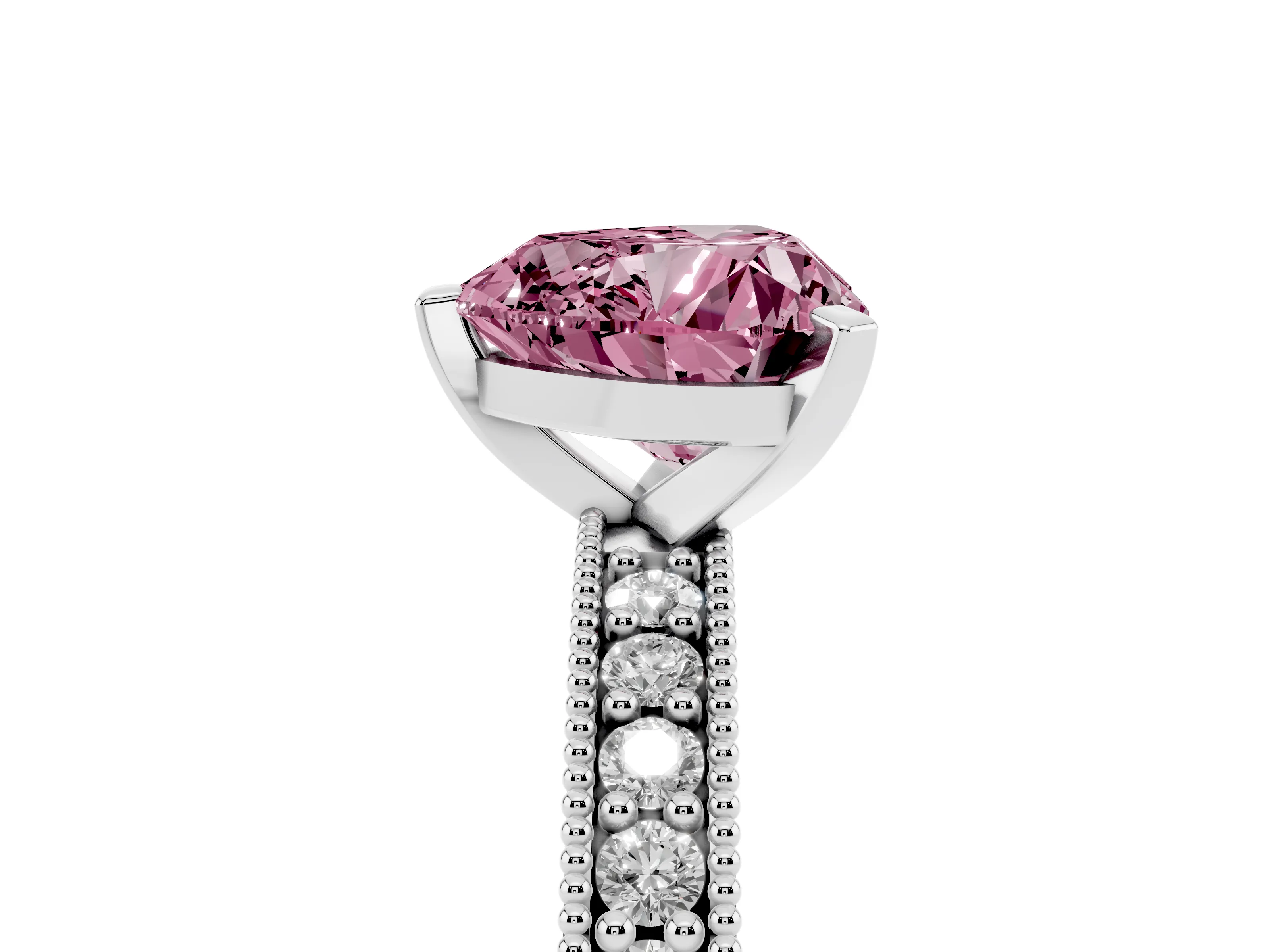 Fancy Pink Heart Cut Diamond Milgrain Pavé Engagement Ring Set in Silver with Prong Setting