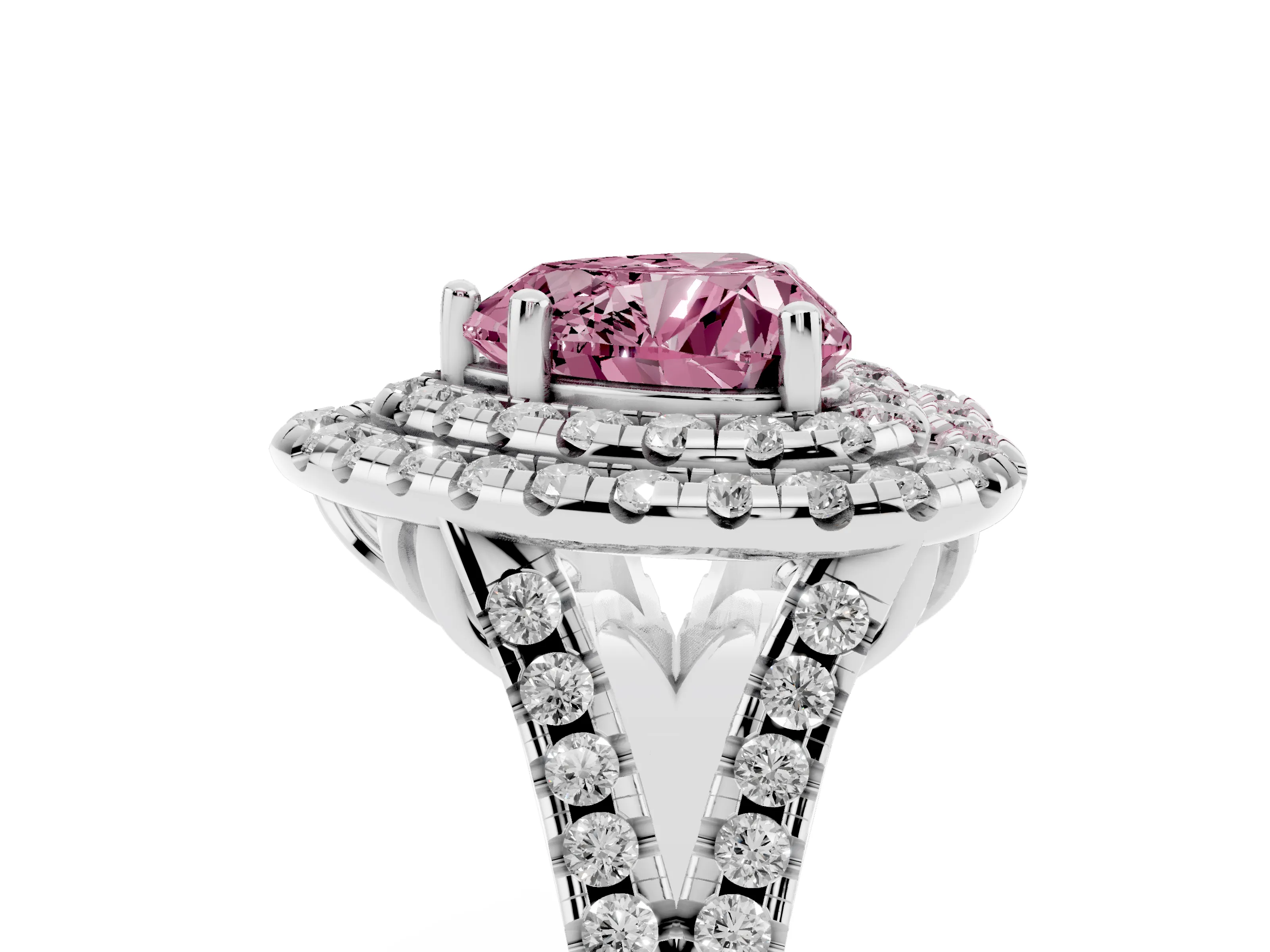 Fancy Pink Heart Cut Diamond Double Halo Ring Set in White gold with Pavé Split Shank and Prong Setting