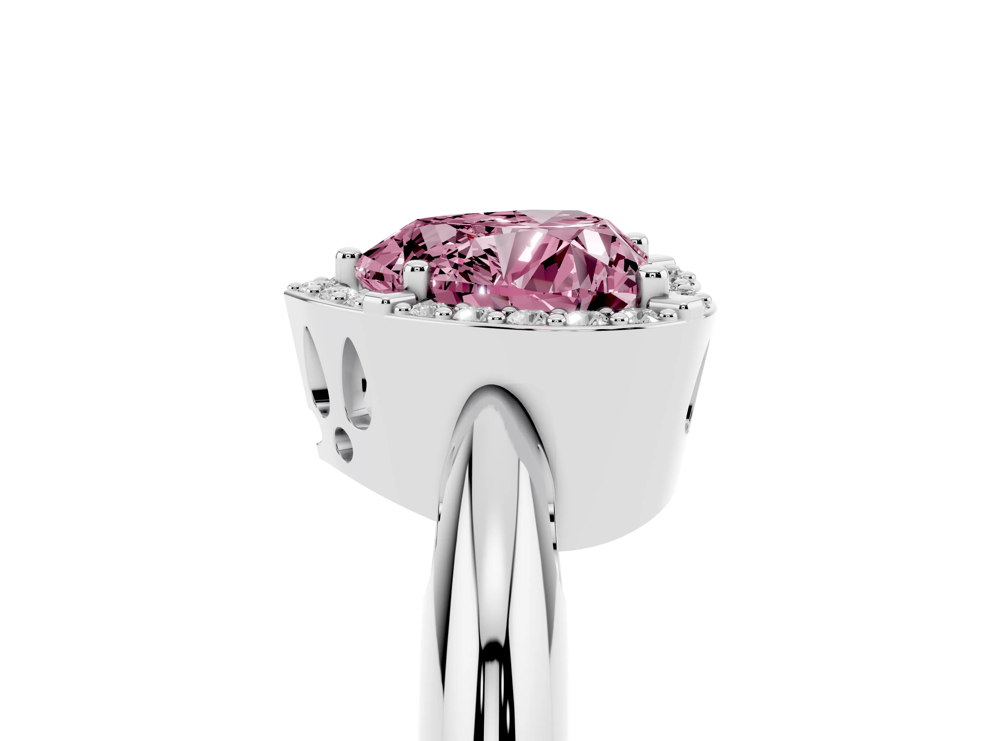 Fancy Pink Heart Cut Diamond Halo Engagement Ring Set in Silver with Plain Split Shank and Prong Setting