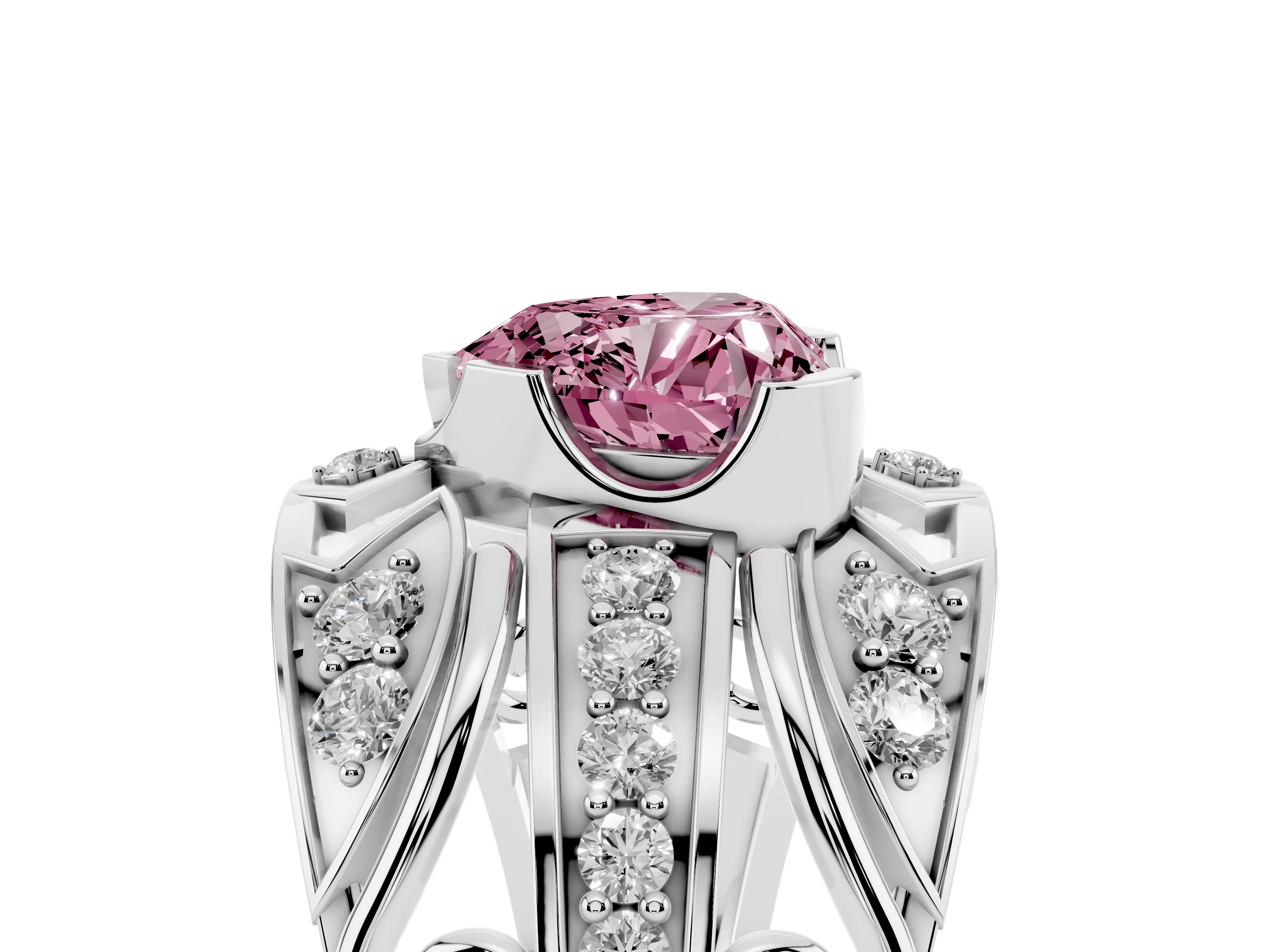 Fancy Pink Heart Cut Diamond Art Deco Ring Set in White gold with Pavé Split Shank