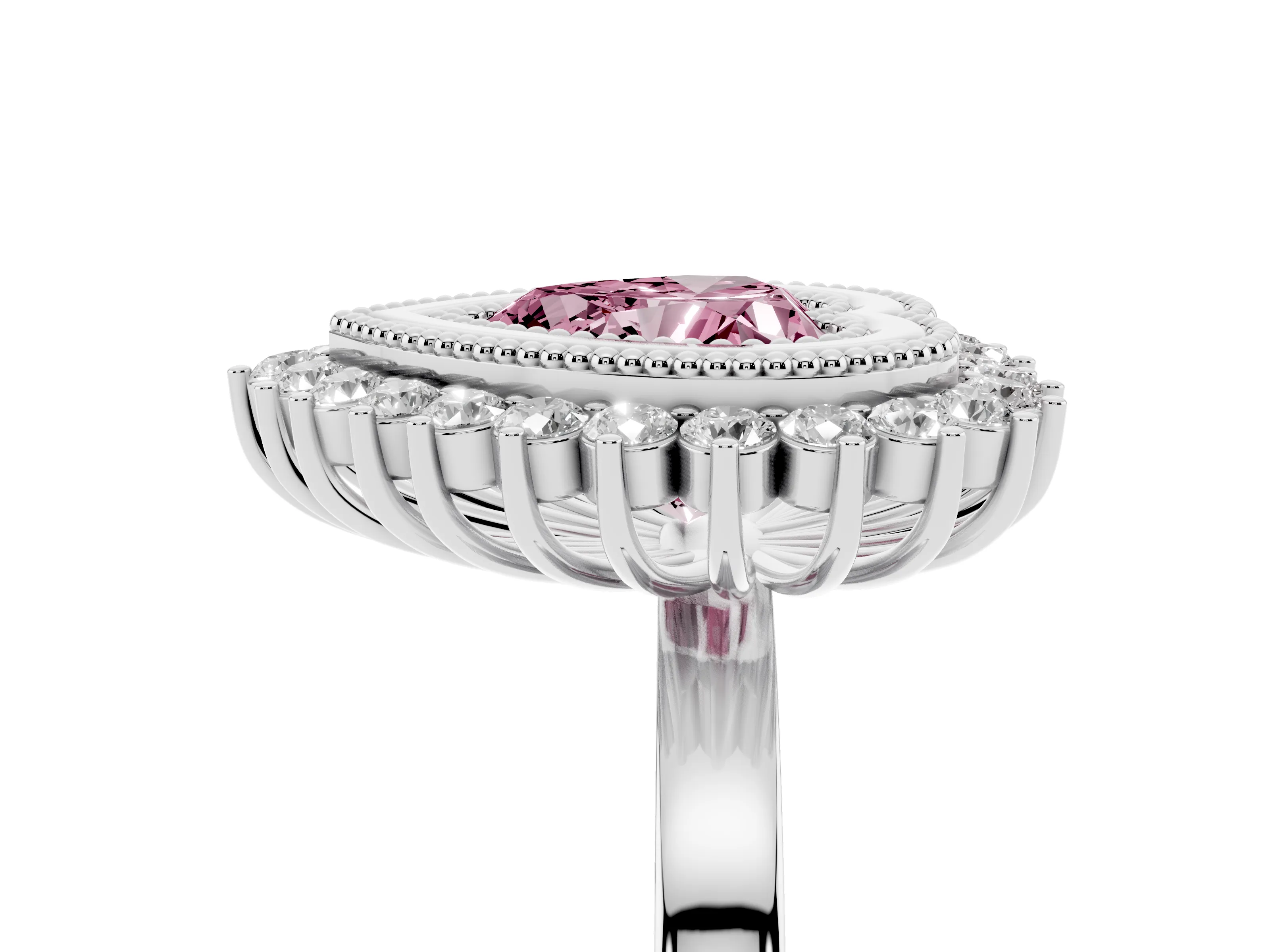 Fancy Pink Heart Cut Diamond Halo Ring Set in Platinum with Milgrain Edge and Round Prong Setting