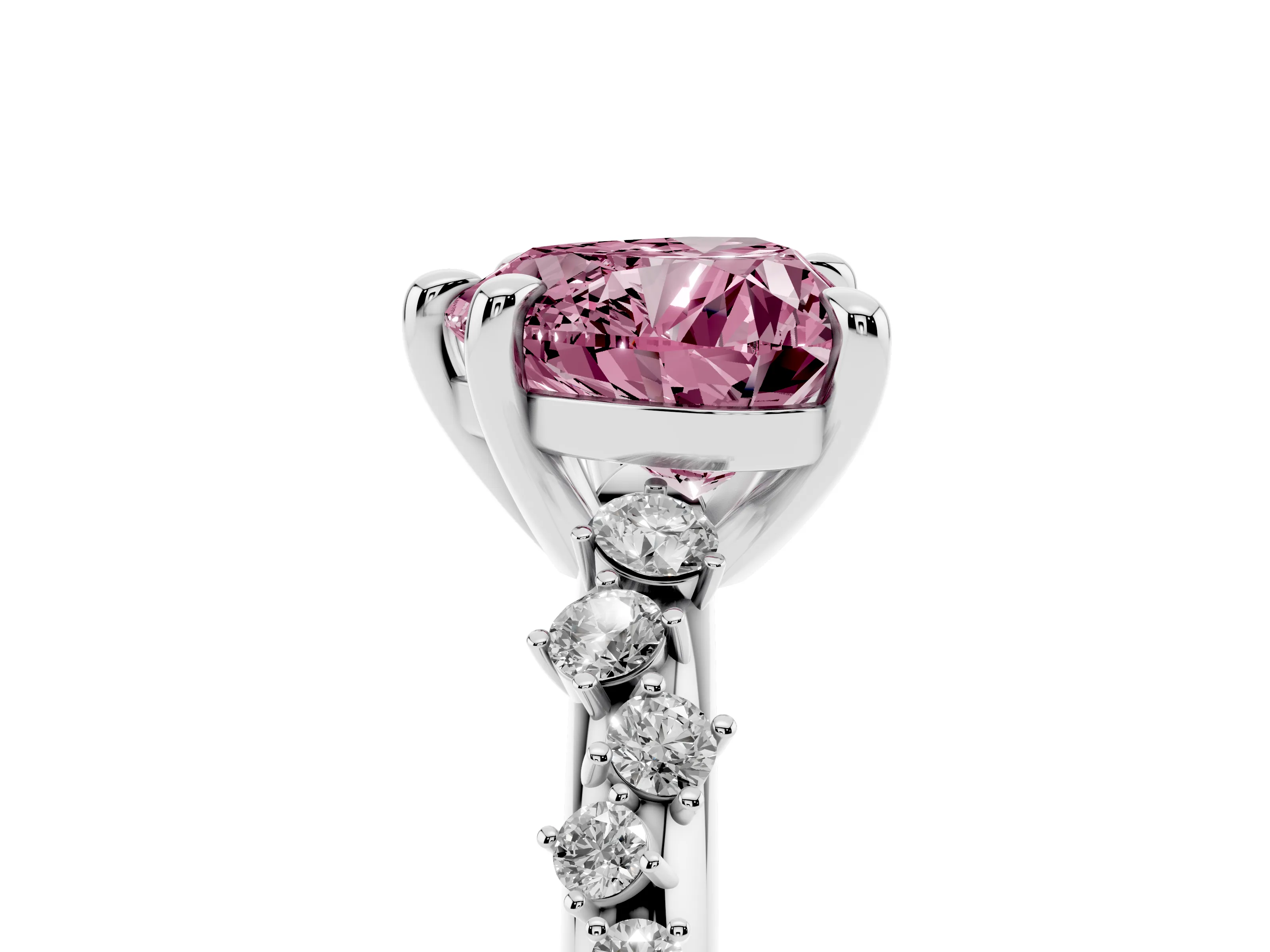 Fancy Pink Heart Cut Diamond Solitaire Vine Band Ring Set in Platinum with Round Accents and Prong Setting