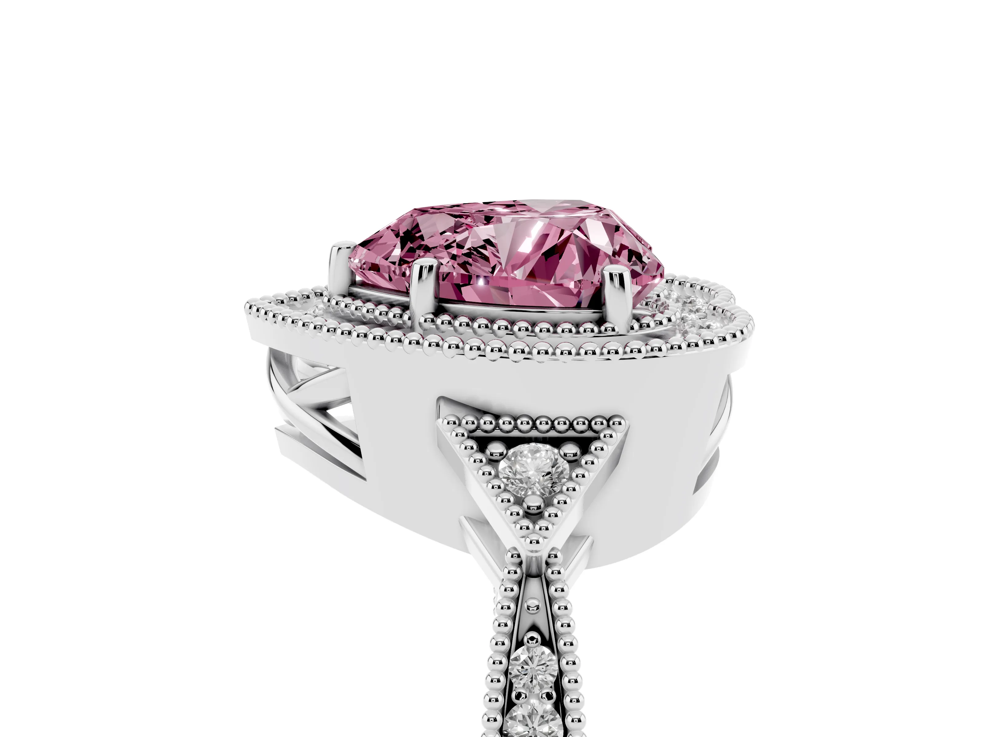 Fancy Pink Heart Cut Diamond Halo Engagement Ring Set in White gold with Milgrain Pavé Band