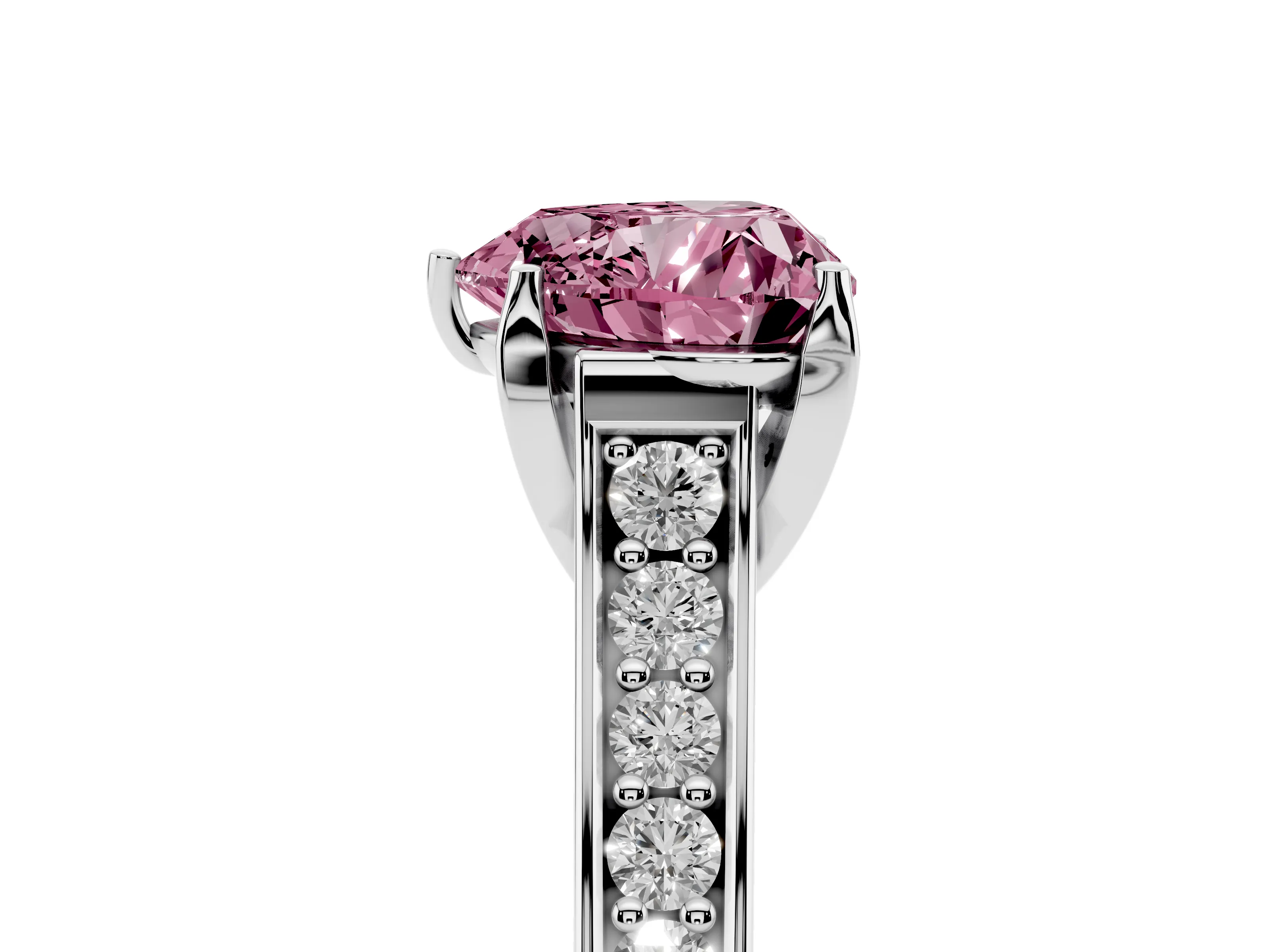 Fancy Pink Heart Cut Diamond Solitaire Pavé Engagement Ring Set in Platinum with Prong Setting