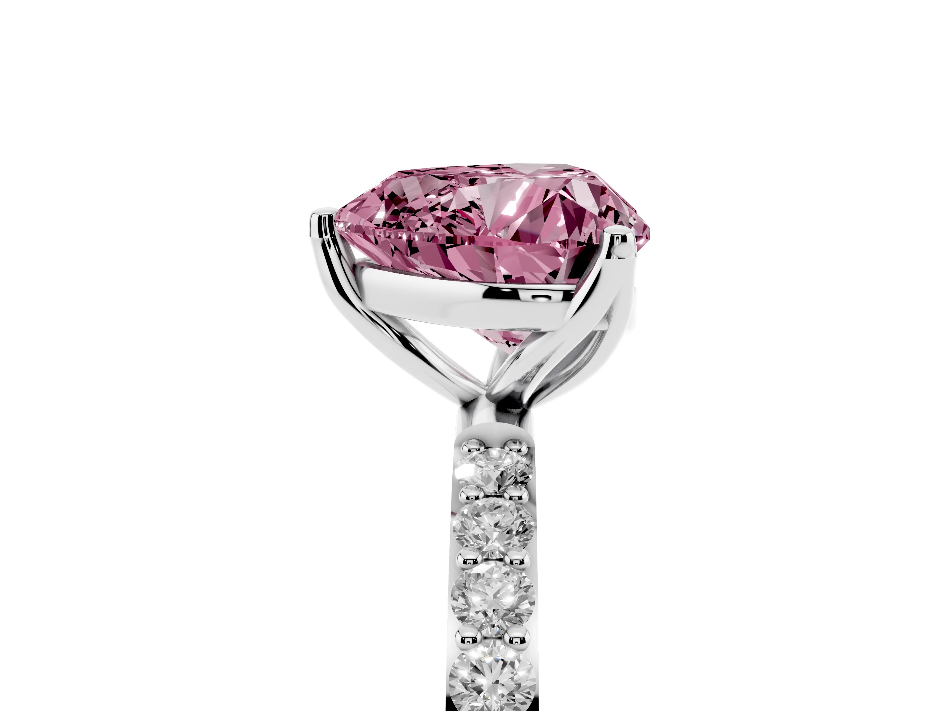 Fancy Pink Heart Cut Diamond Solitaire Engagement Ring Set in Platinum with Round Pavé Band and Prong Setting