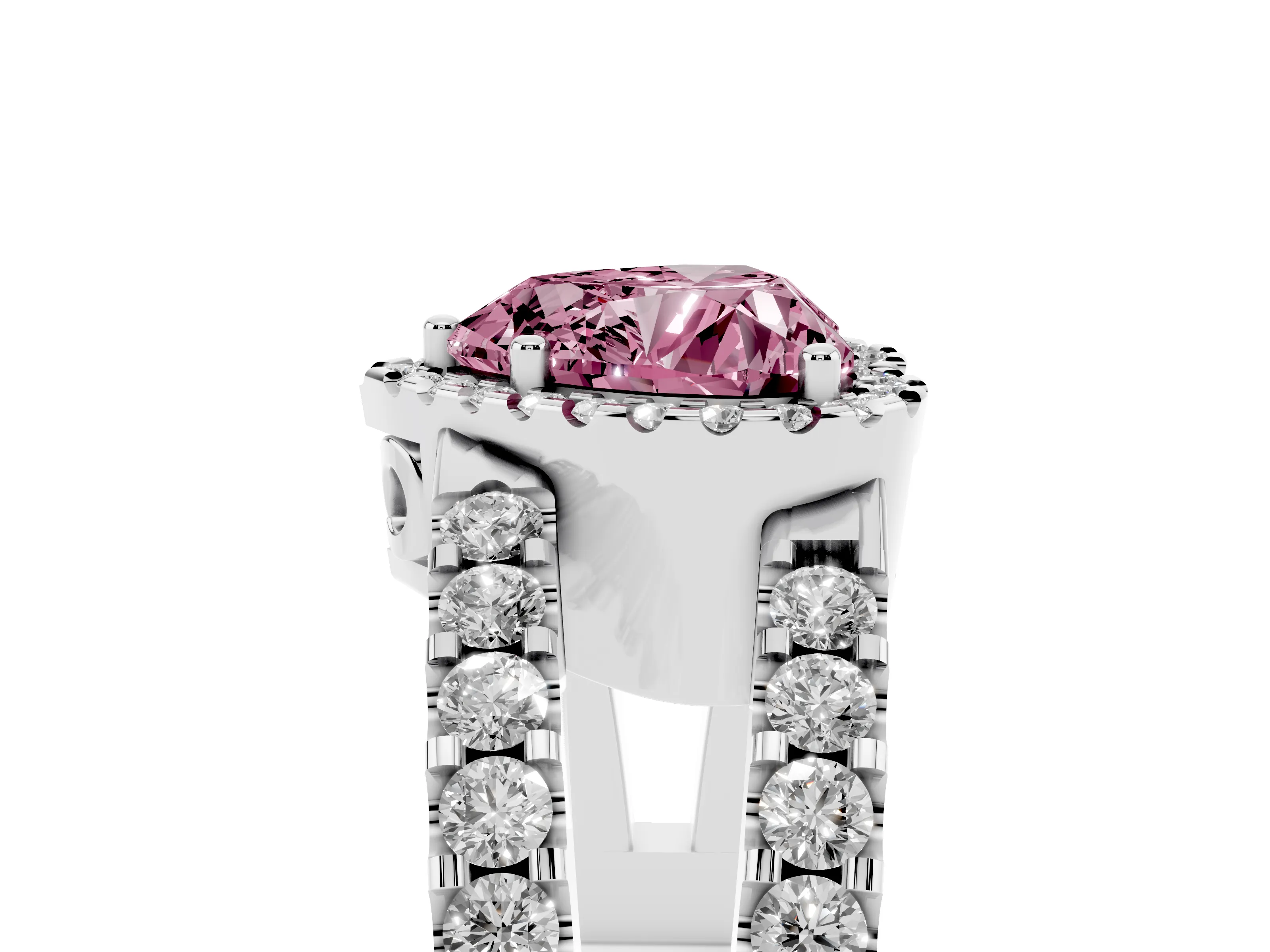 Fancy Pink Heart Cut Diamond Halo Ring Set in Platinum with Pavé Split Shank and Prong Setting