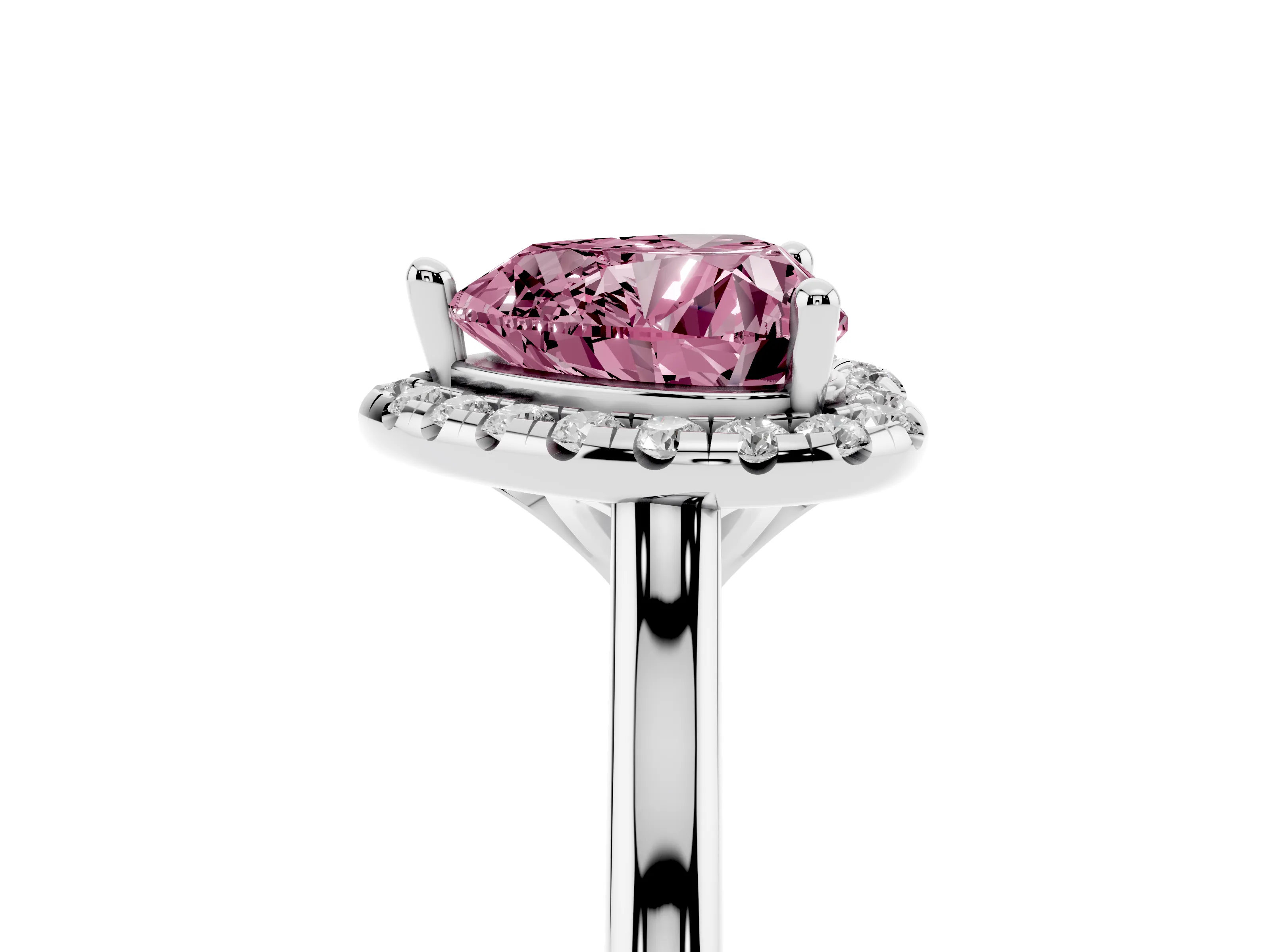 Fancy Pink Heart Cut Diamond Halo Engagement Ring Set in Platinum with Pavé Band and Rising Shoulders