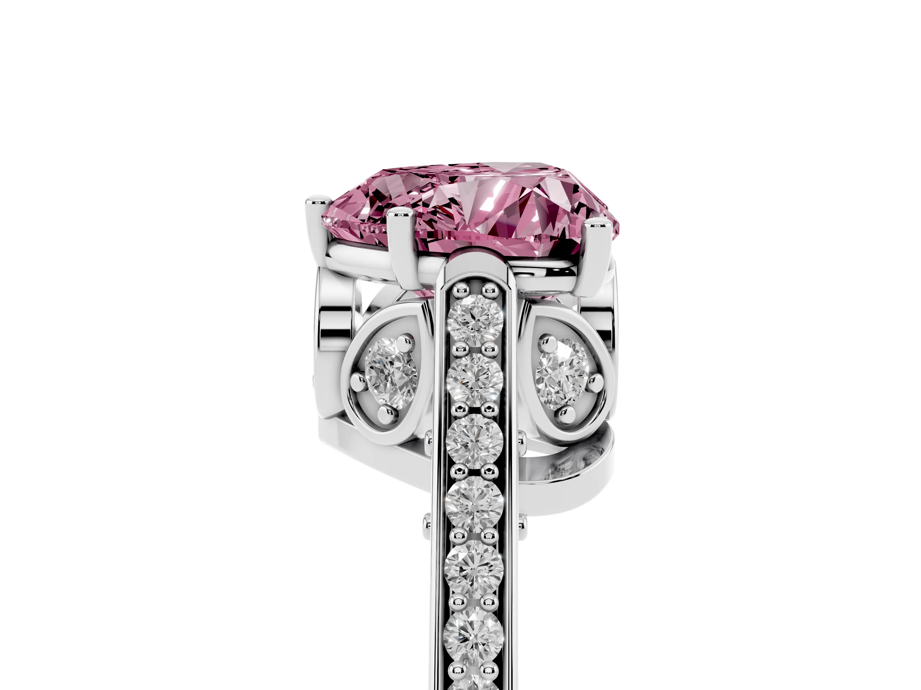Fancy Pink Heart Cut Diamond Cathedral Pavé Engagement Ring Set in Platinum with Prong Setting