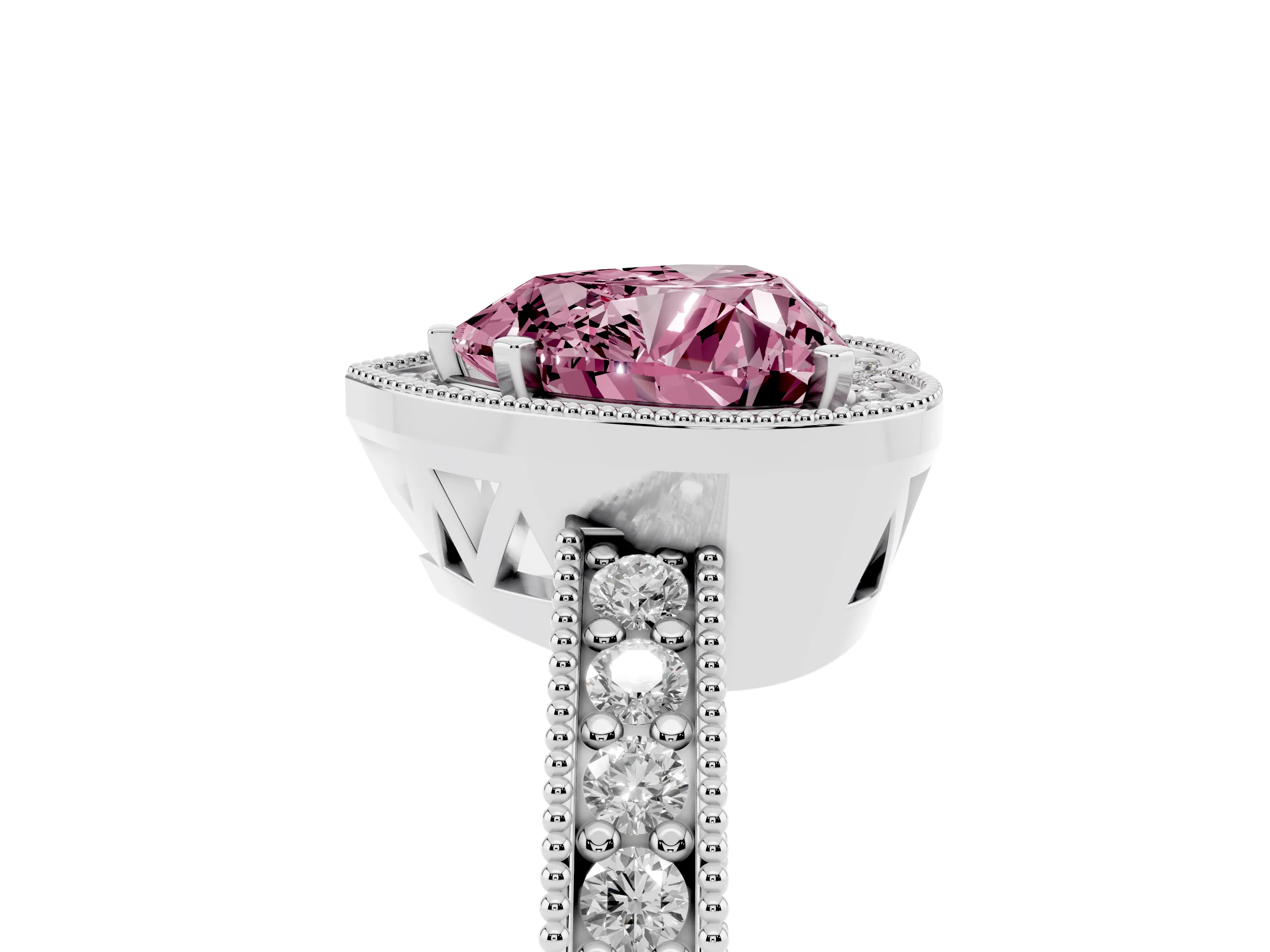 Fancy Pink Heart Cut Diamond Halo Pavé Band Ring Set in Platinum with Prong-Set Center