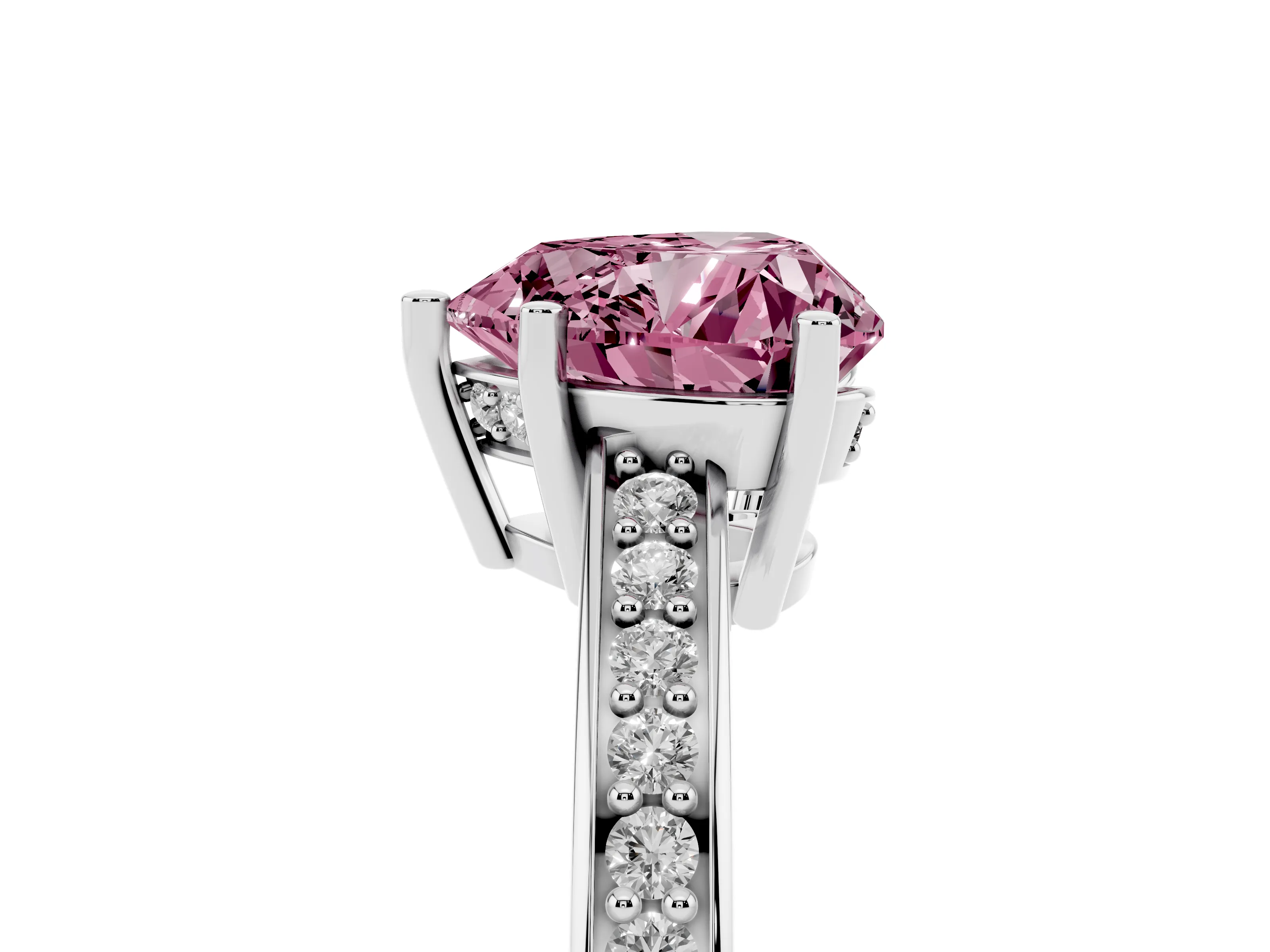 Fancy Pink Heart Cut Diamond Pavé Band Prong Set Solitaire Ring Set in Silver