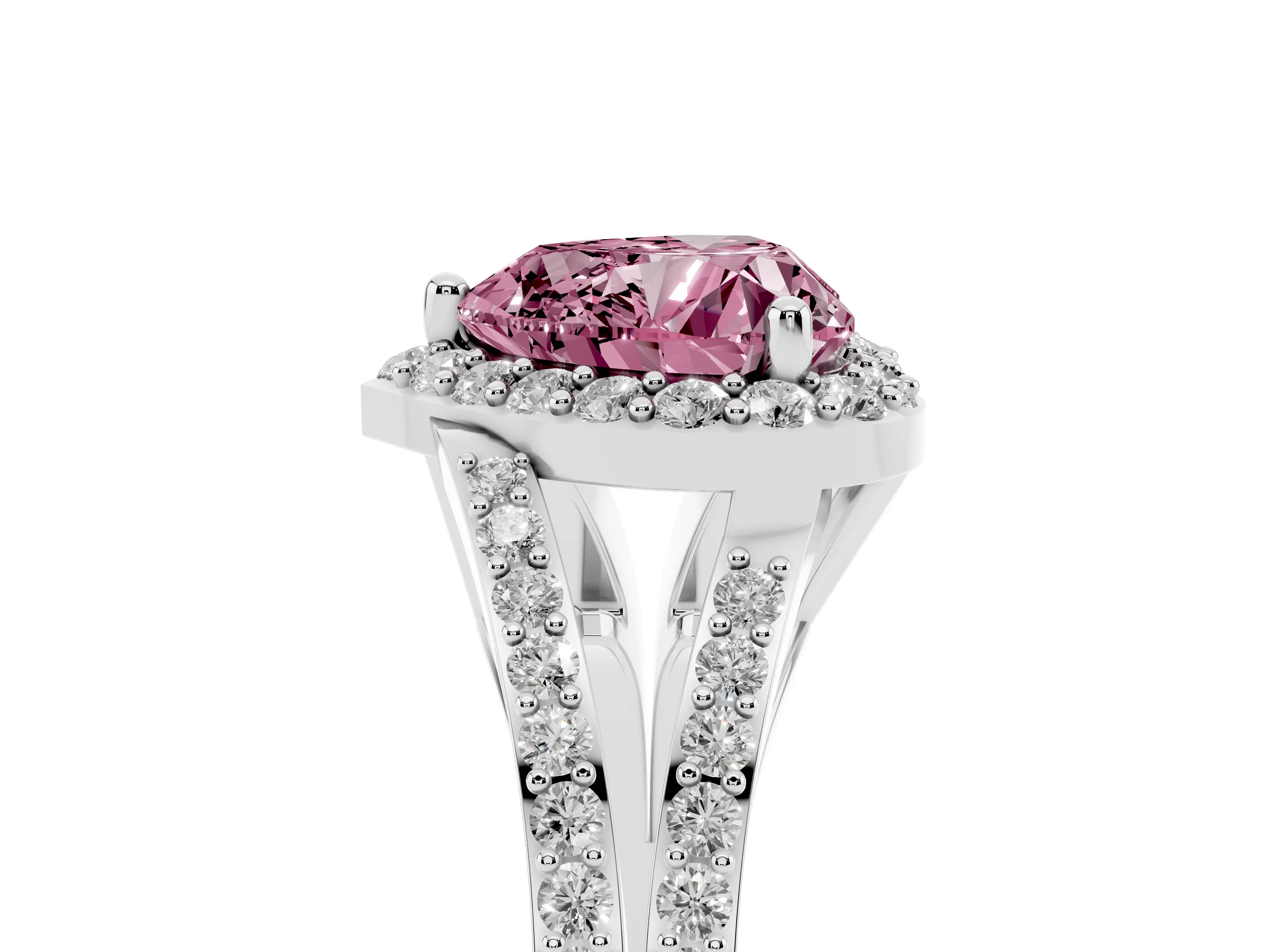 Fancy Pink Heart Cut Diamond Halo Split Shank Pavé Ring Set in Silver with Prong Setting