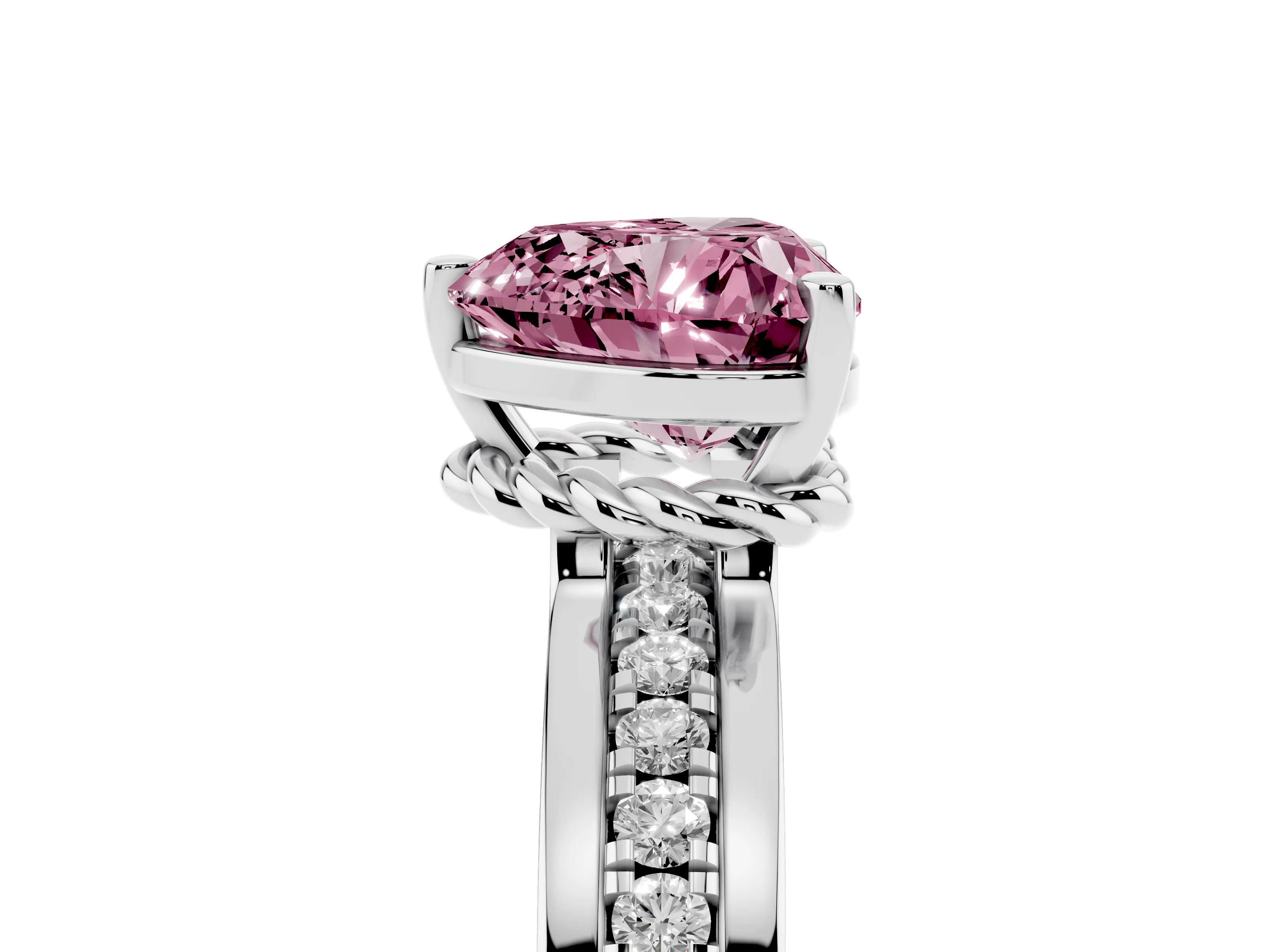 Fancy Pink Heart Cut Diamond Solitaire Ring Set in White gold with Channel Set Band and Prong Setting