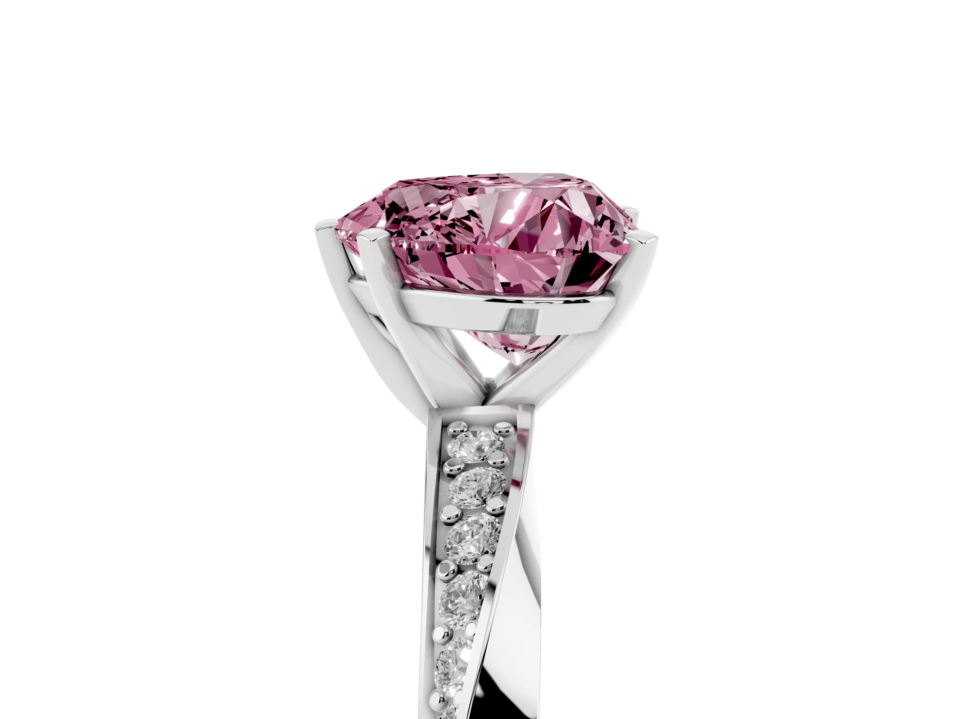 Fancy Pink Heart Cut Diamond Engagement Ring Set in Platinum with Side Stone Accents and Prong Setting