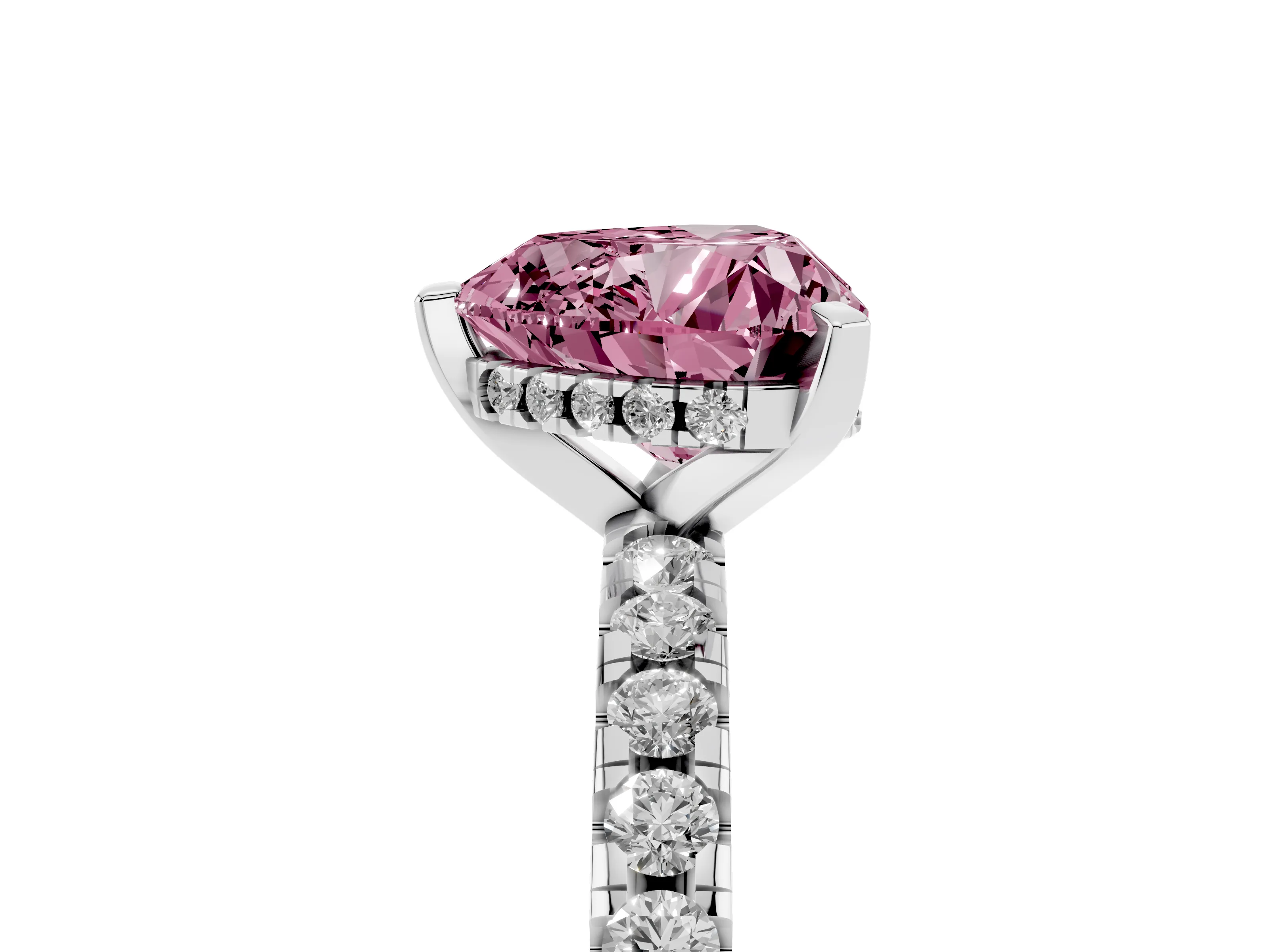 Fancy Pink Heart Cut Diamond Pavé Solitaire Ring Set in White gold with Round Band Accents and Prong Setting