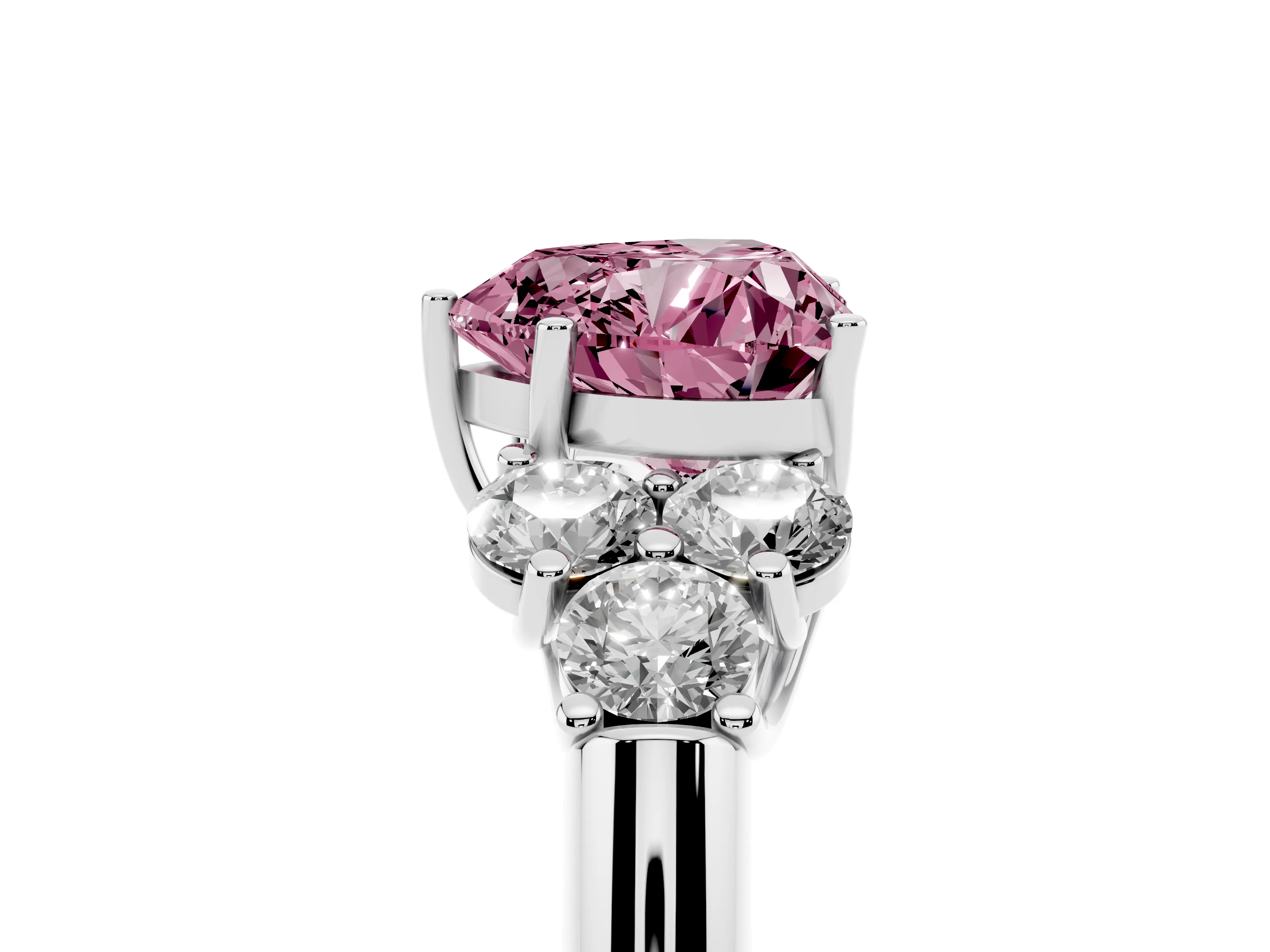 Fancy Pink Heart Cut Diamond Cluster Ring Set in Silver with Round Accent Stones and Prong Setting on a Plain Band