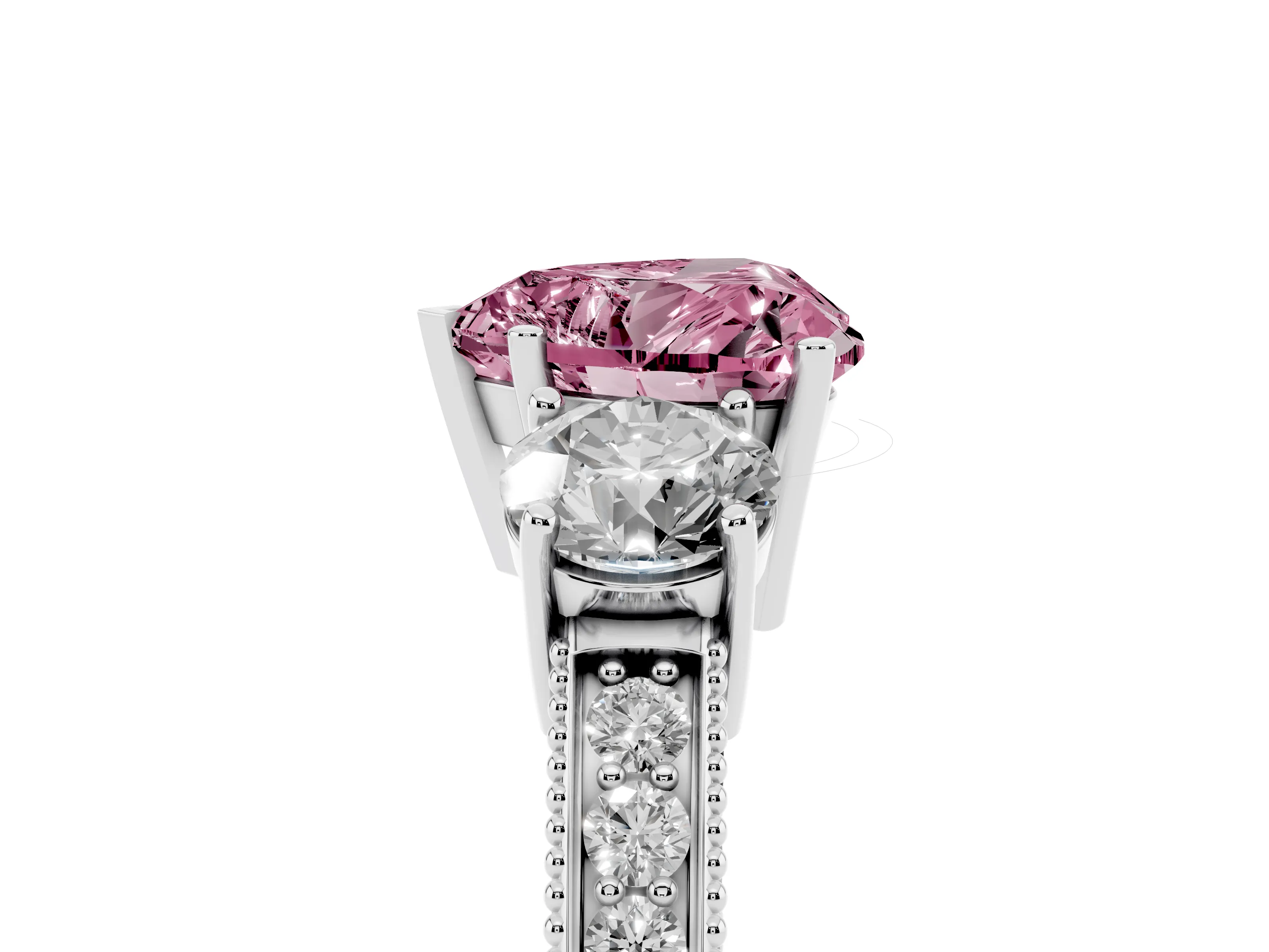 Fancy Pink Heart Cut Diamond Three-Stone Ring Set in White gold with Round Side Stones and Pavé Band