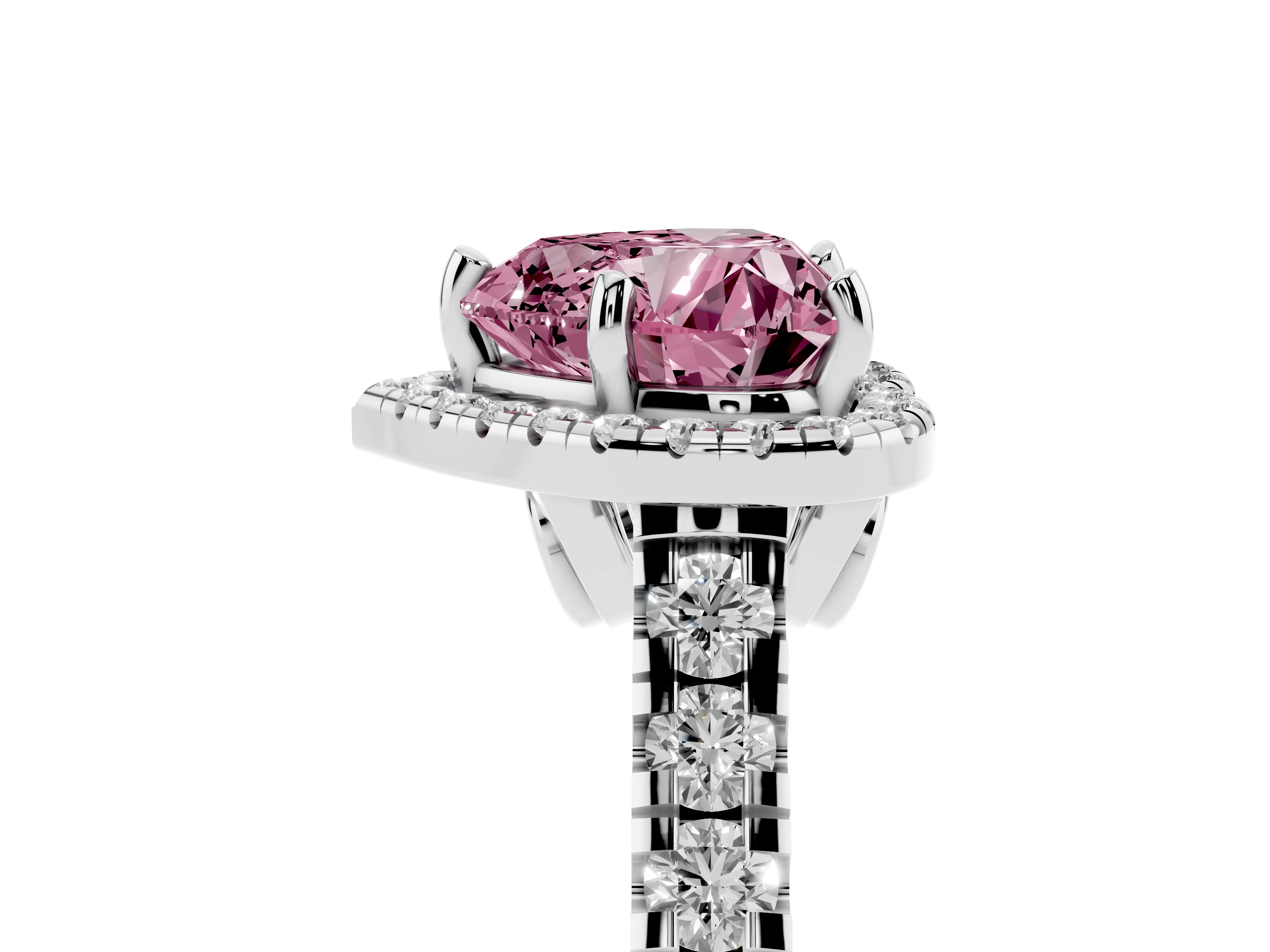 Fancy Pink Heart Cut Diamond Halo Engagement Ring Set in Platinum with Pavé Band and Prong-Set Center