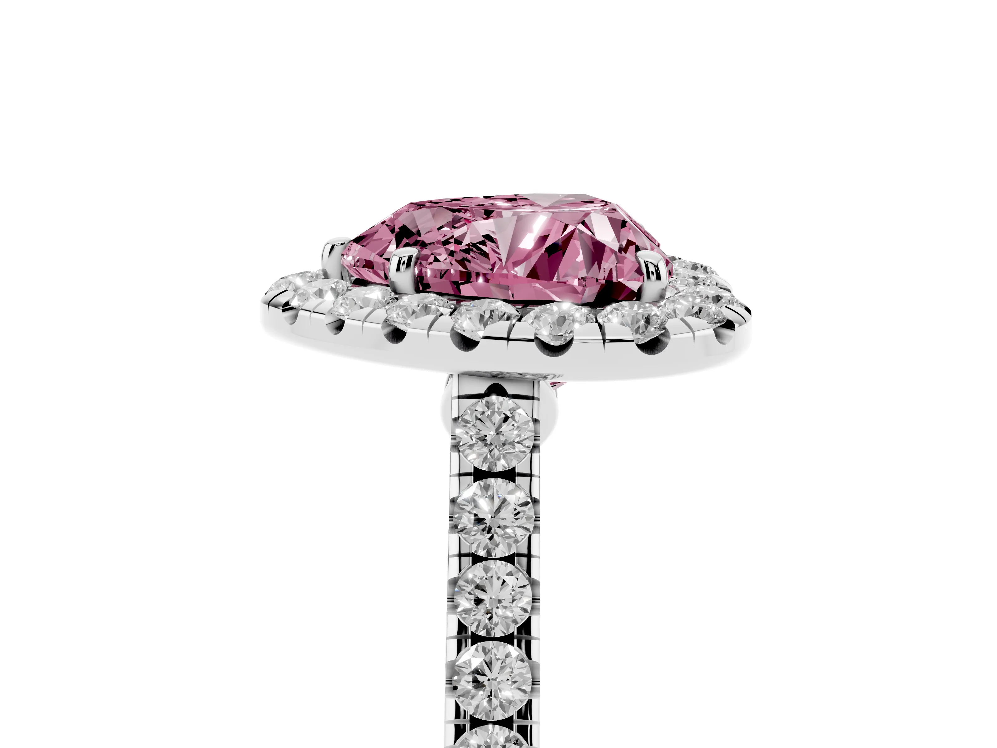 Fancy Pink Heart Cut Diamond Halo Pavé Engagement Ring Set in Platinum with Prong Setting