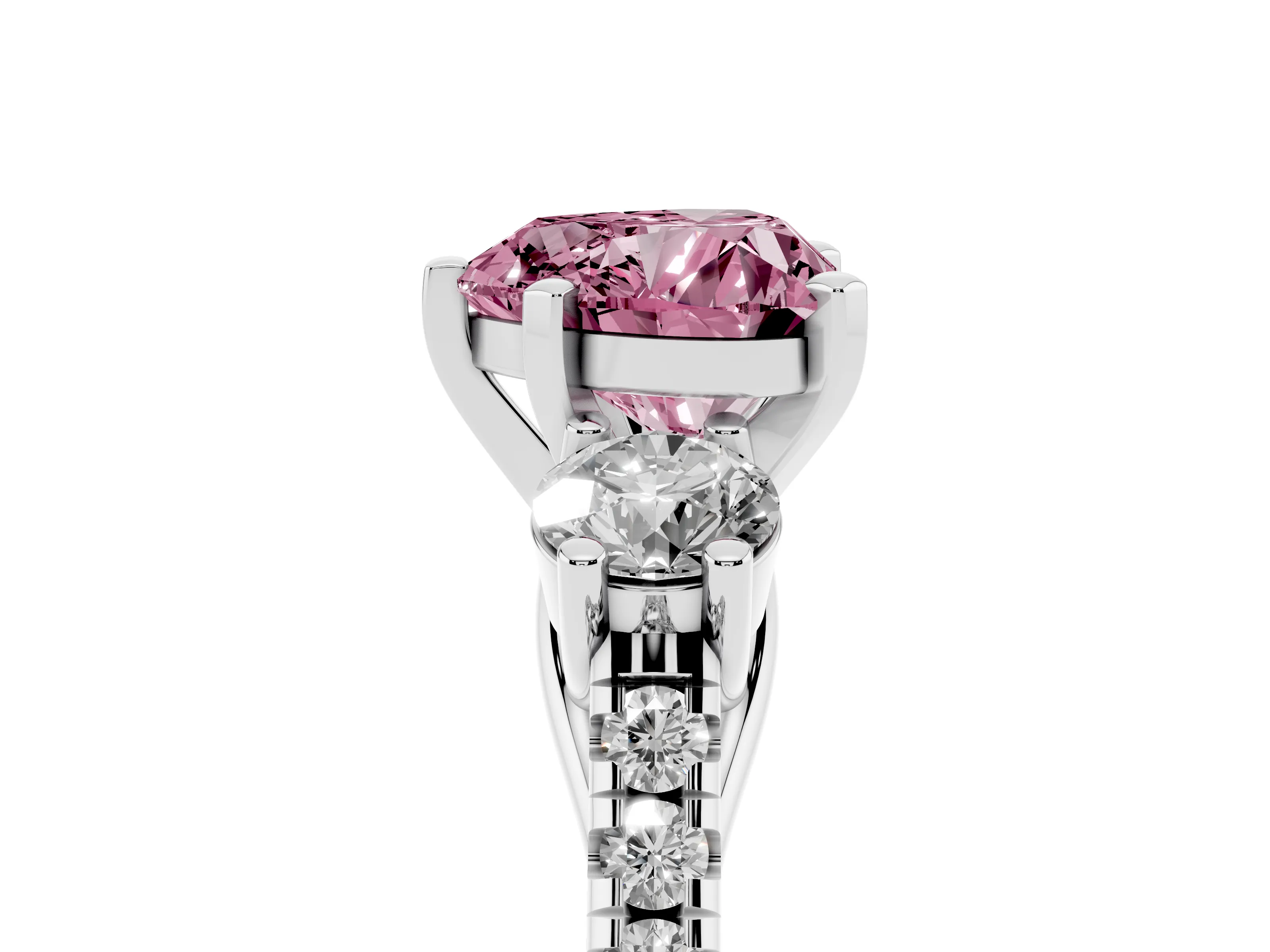 Fancy Pink Three-Stone Heart Cut Diamond Pavé Band Ring Set in Platinum with Prong-Set Trio