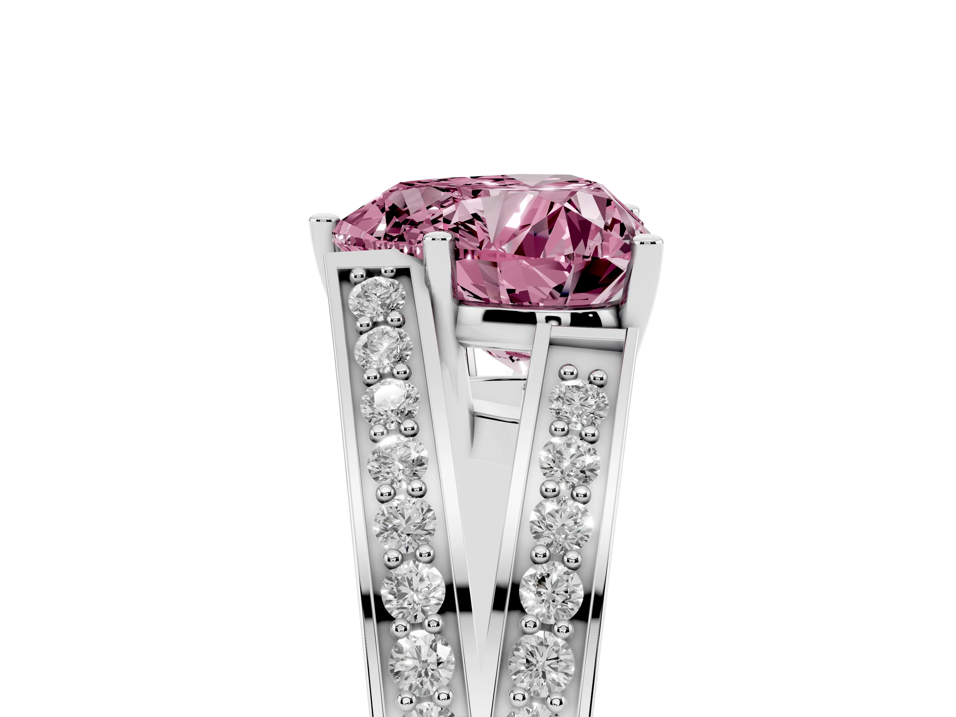 Fancy Pink Heart Cut Diamond Split Shank Ring Set in White gold with Pavé Band and Prong Setting