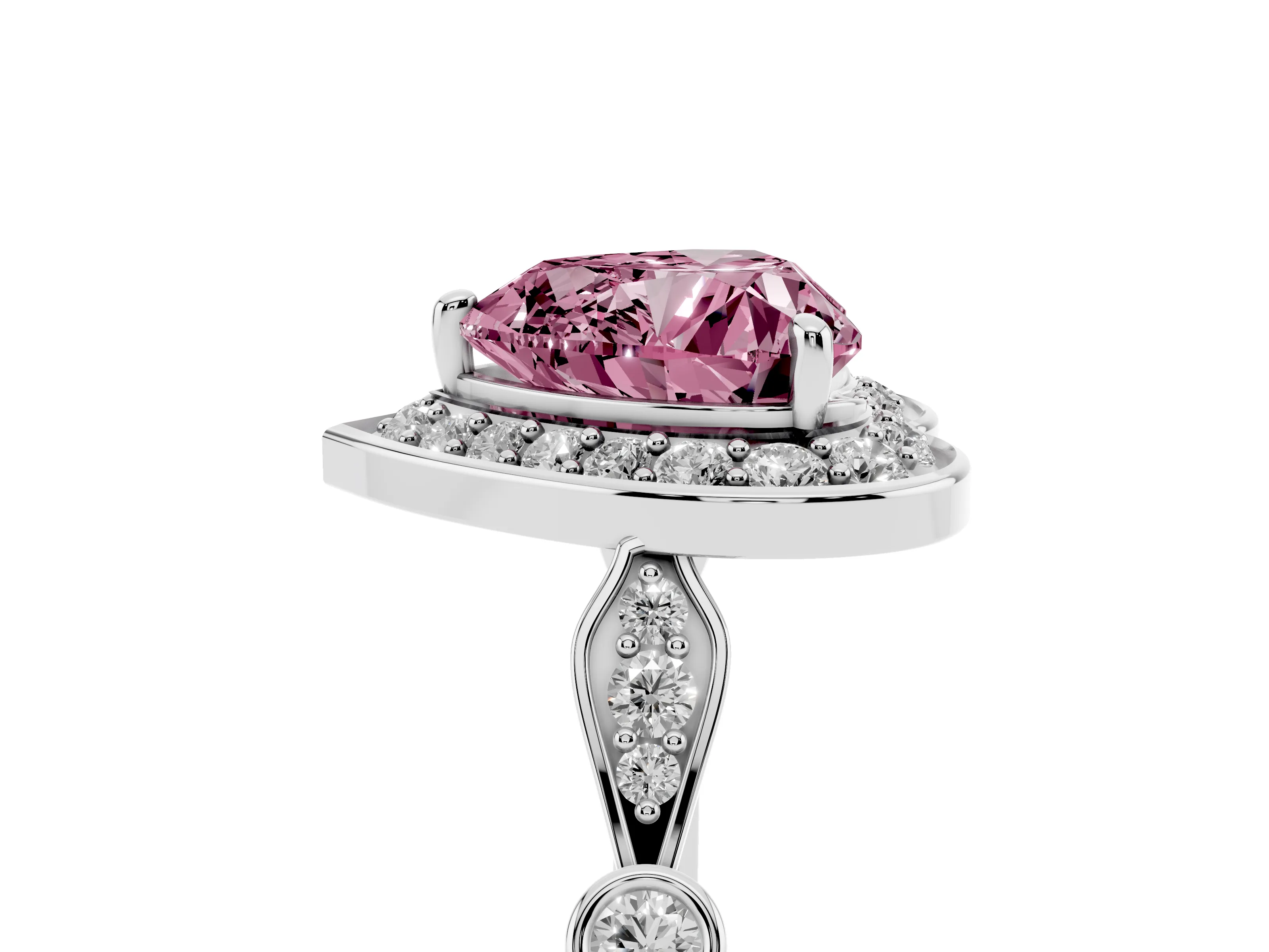 Fancy Pink Heart Cut Diamond Halo Engagement Ring Set in Platinum with Twisted Band and Prong Setting