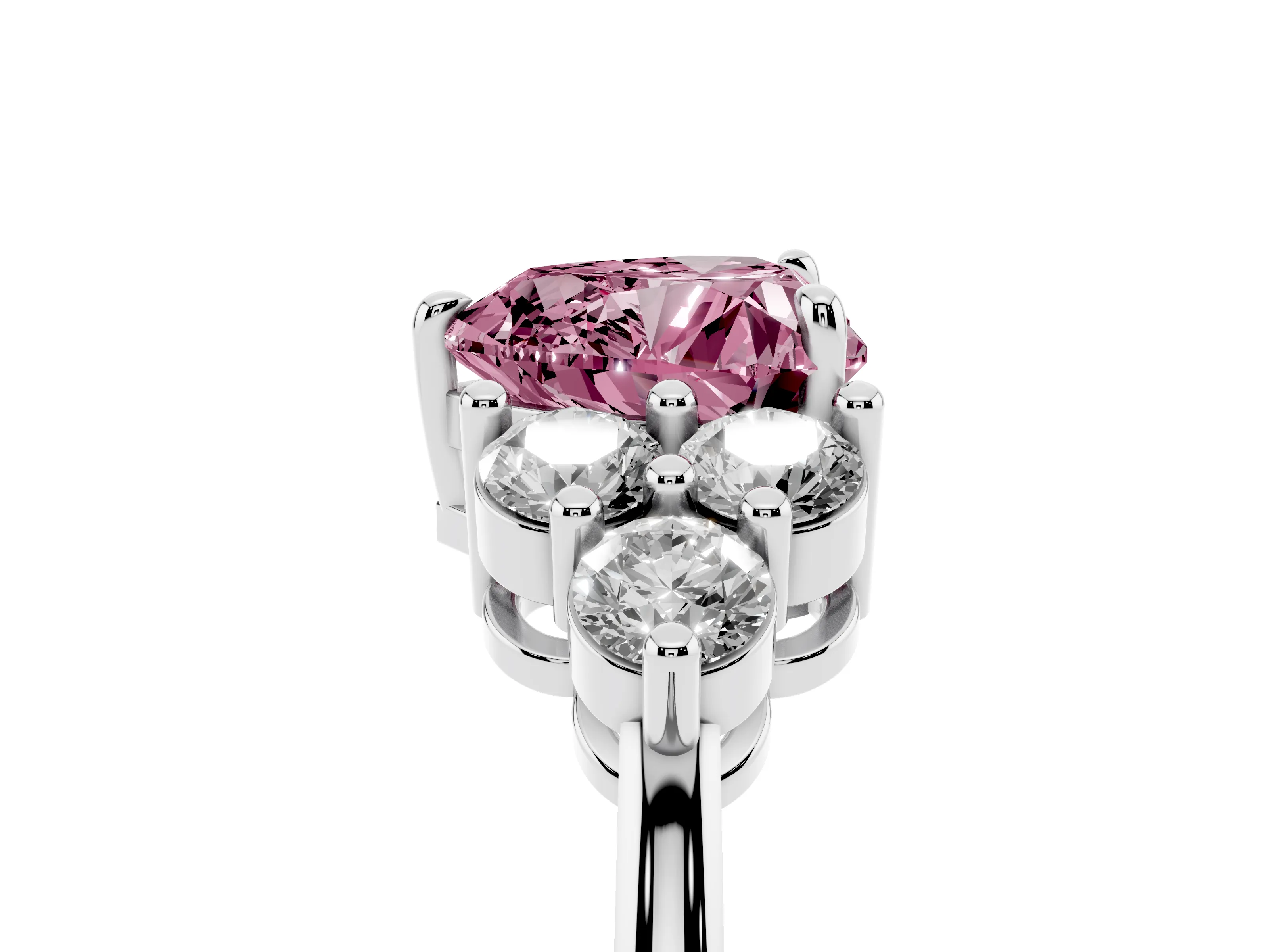 Fancy Pink Heart Cut Diamond Solitaire Ring Set in Silver with Cluster Accents on Each Side