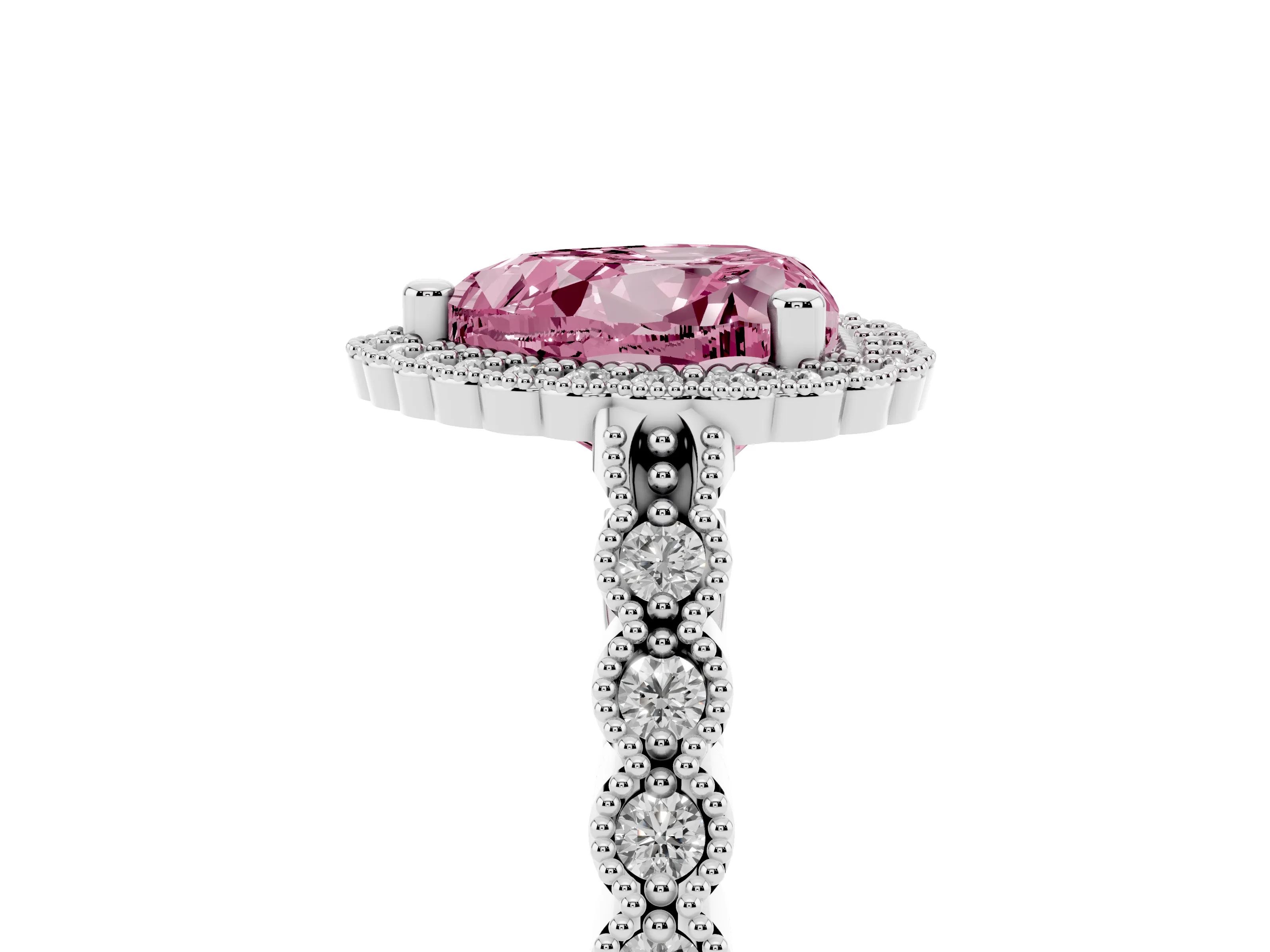 Fancy Pink Heart Cut Diamond Halo Ring Set in Platinum with Pavé Milgrain Band