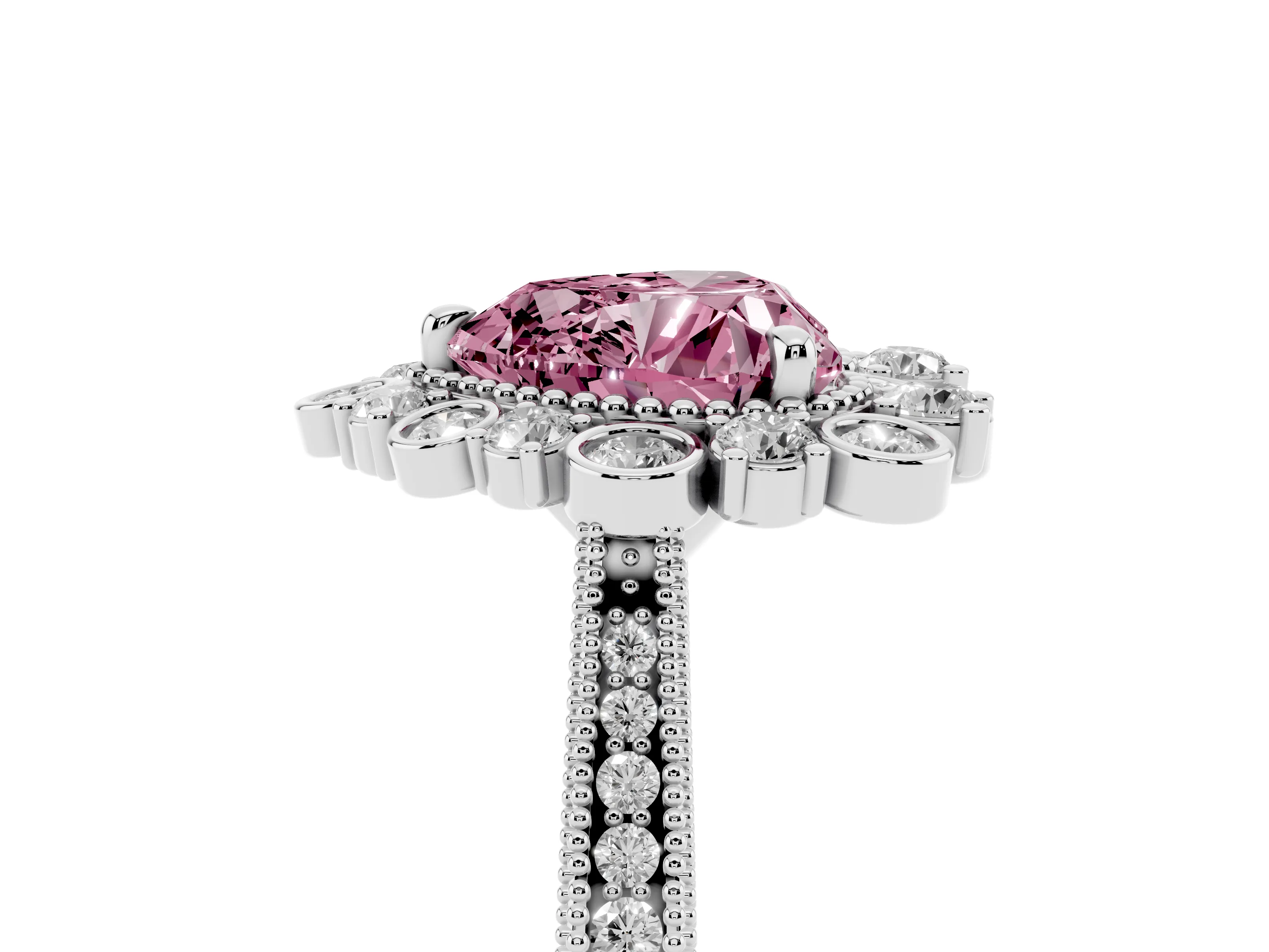 Fancy Pink Heart Cut Diamond Halo Milgrain Pavé Ring Set in White gold with Prong Setting