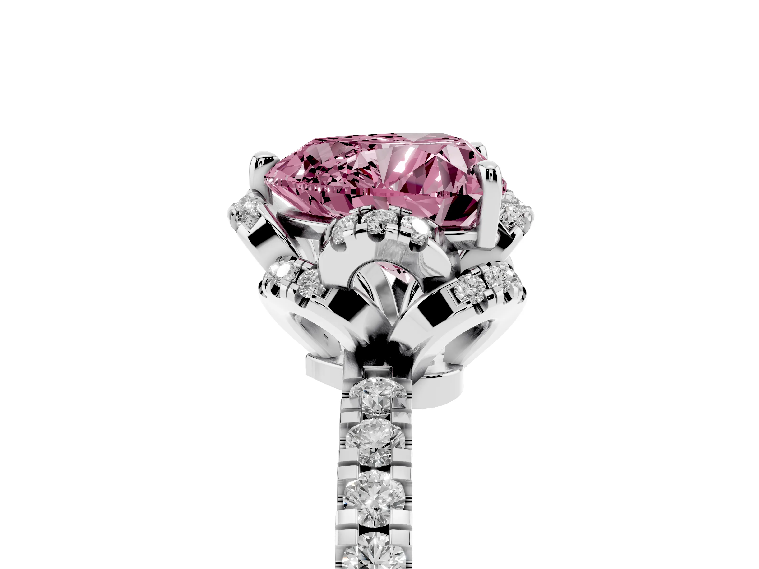 Fancy Pink Heart Cut Diamond Halo Pavé Band Ring Set in Platinum with Prong-Held Center