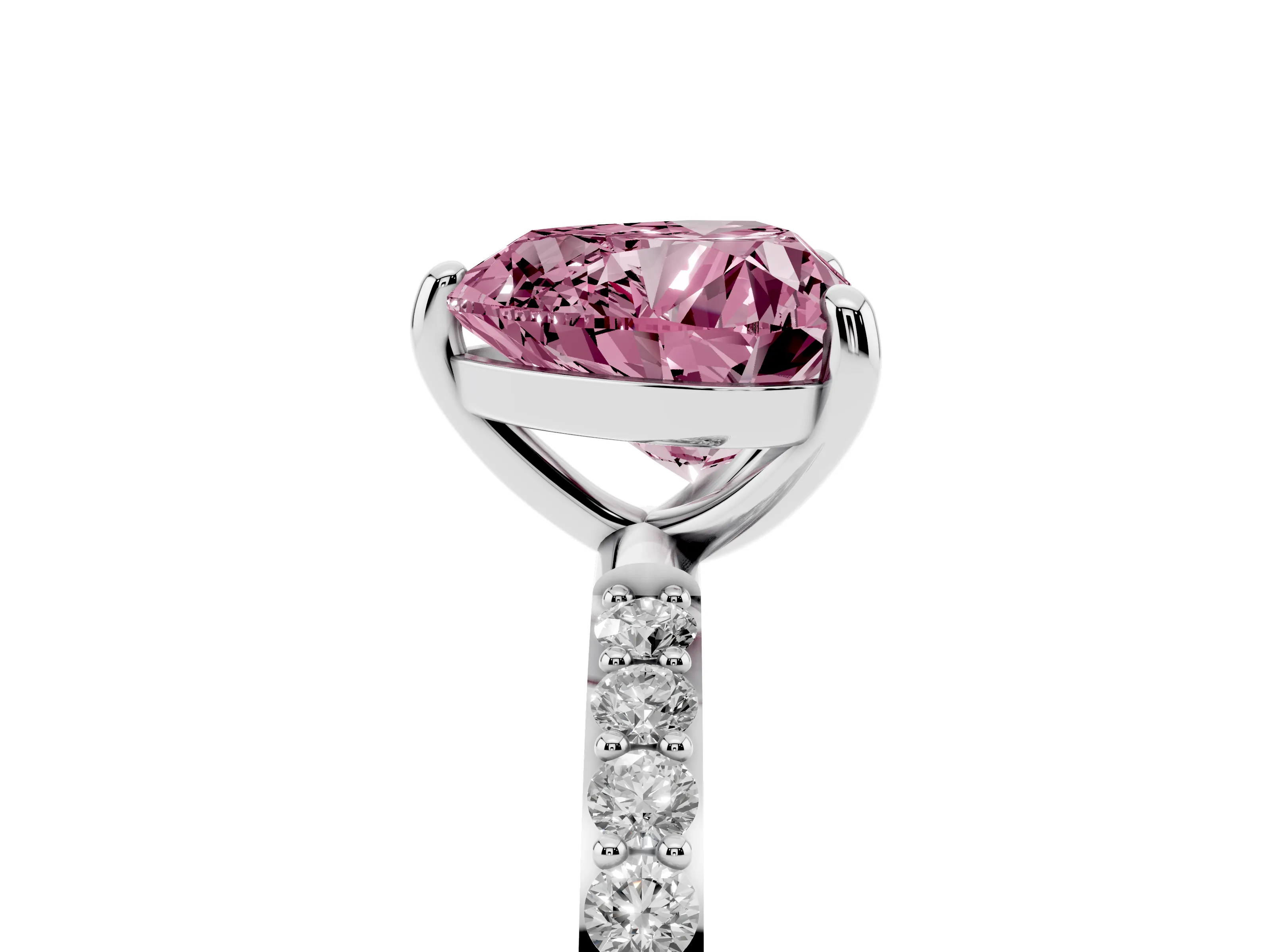 Fancy Pink Heart Cut Diamond Solitaire Ring Set in Platinum with Round Pavé Band and Prong Setting