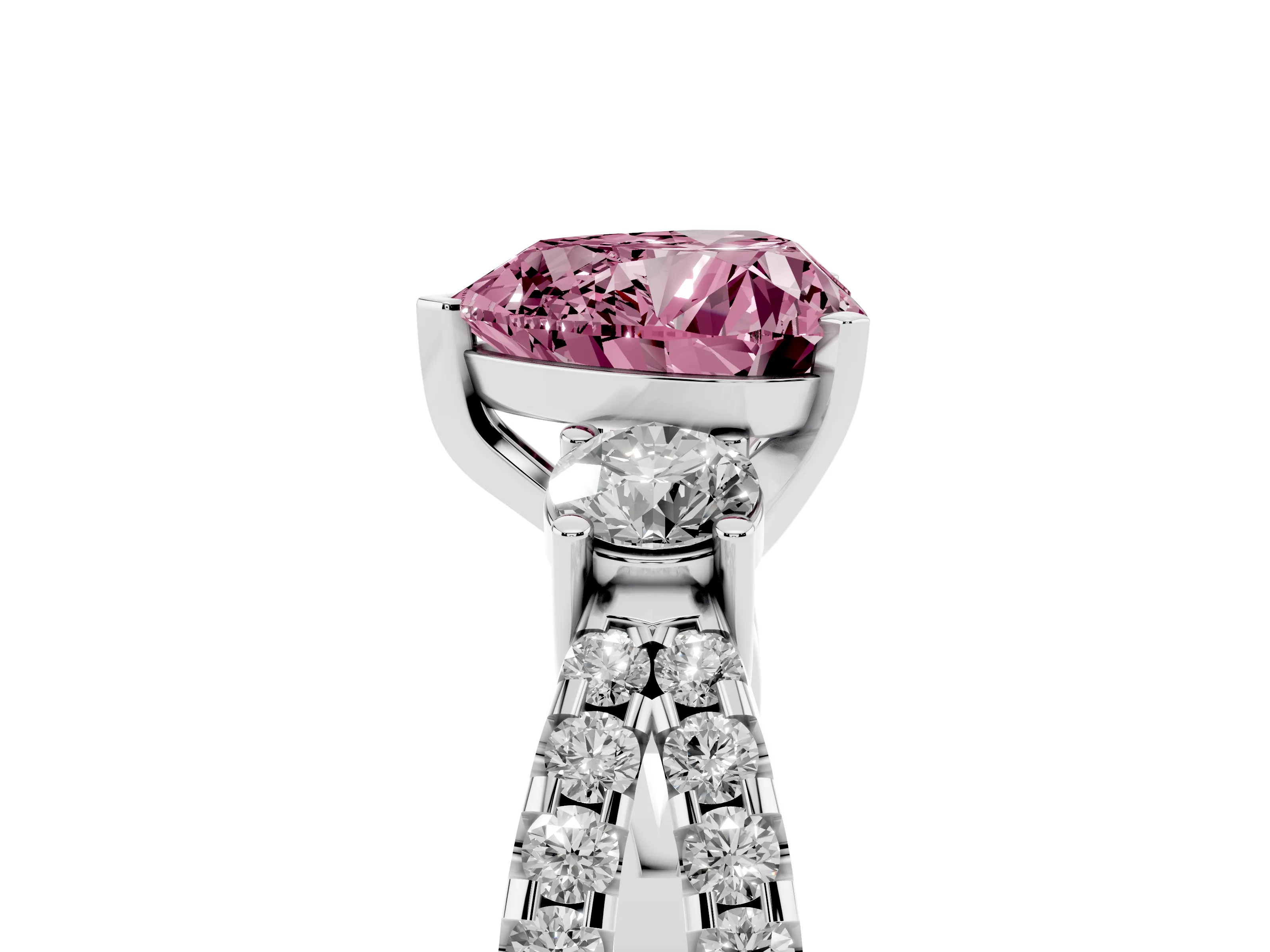 Fancy Pink Heart Cut Diamond Three-Stone Ring Set in Silver with Pavé Split Shank and Prong Setting