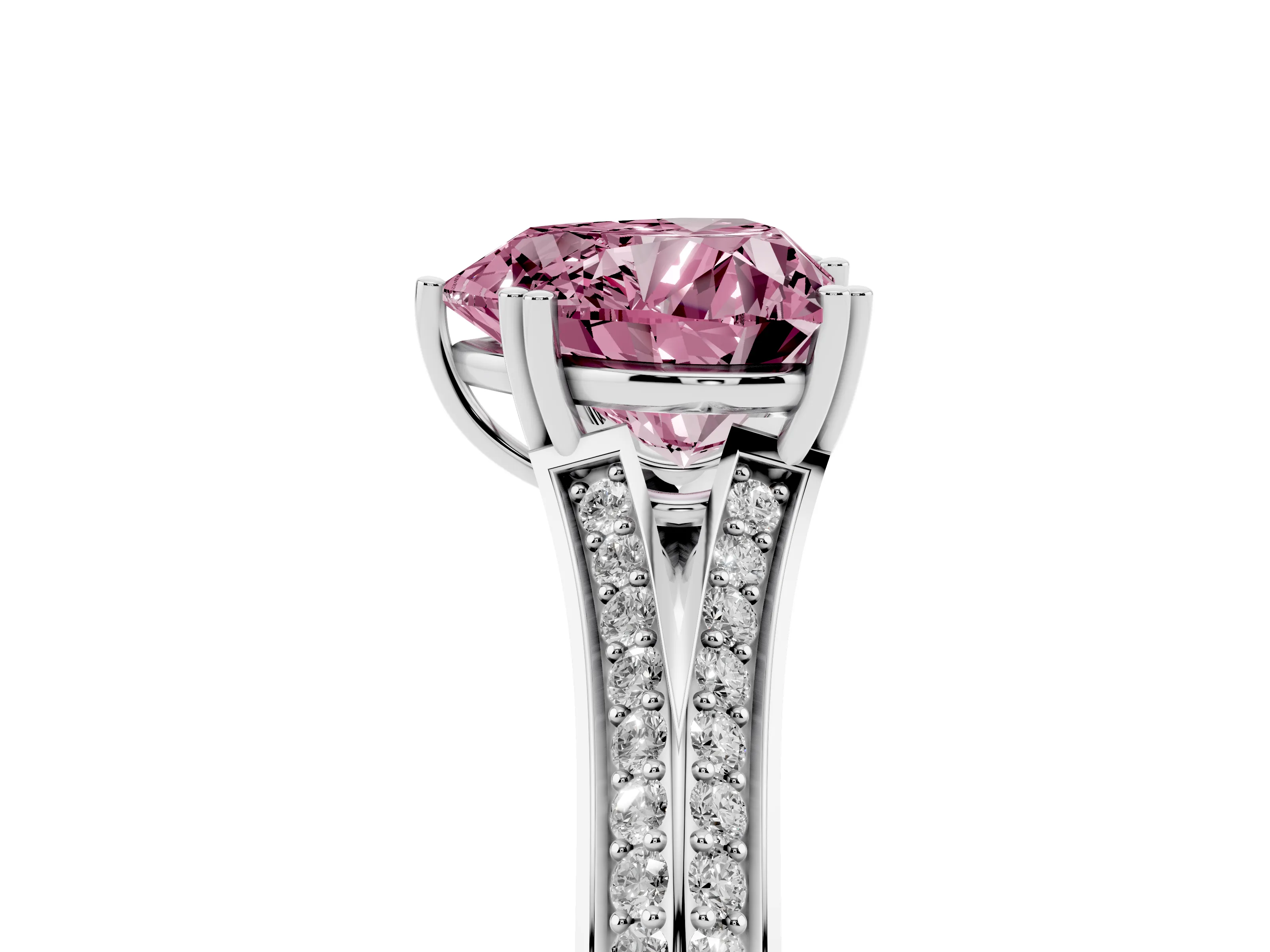 Fancy Pink Heart Cut Diamond Split Shank Pavé Engagement Ring Set in White gold with Prong-Set Center Stone