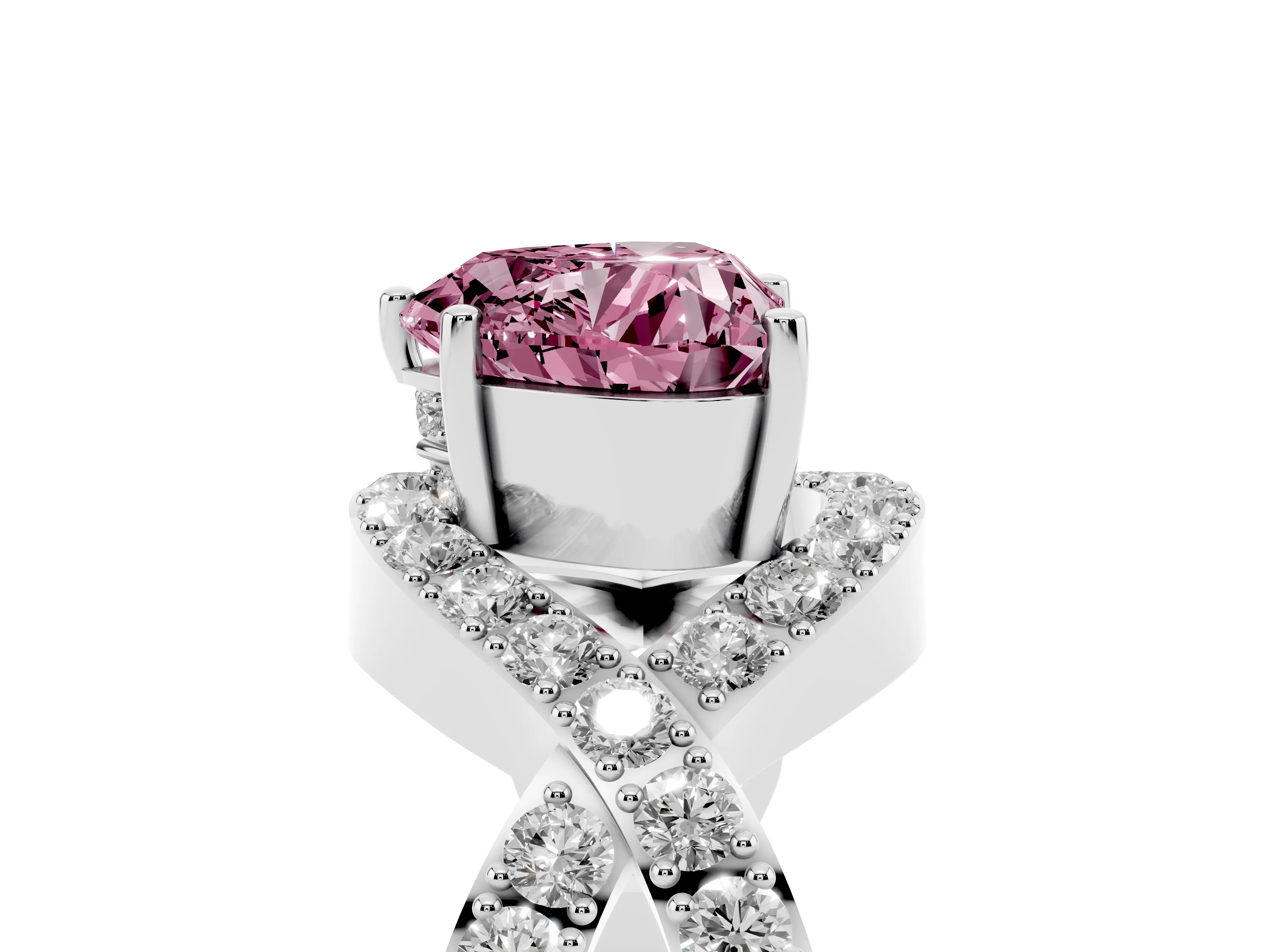 Fancy Pink Heart Cut Diamond Solitaire Twist Band Pavé Engagement Ring Set in Platinum