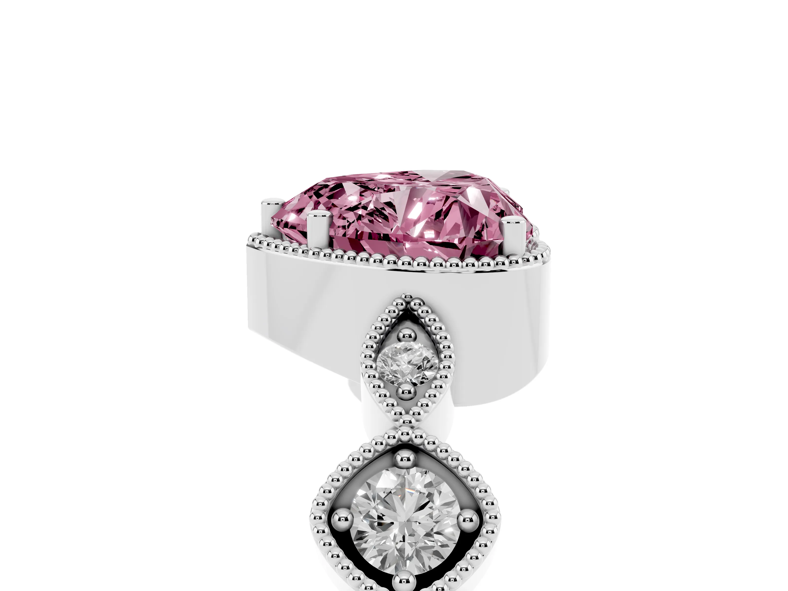 Fancy Pink Heart Cut Diamond Vintage-Inspired Milgrain Ring Set in White gold with Marquise Stations of Round Accents