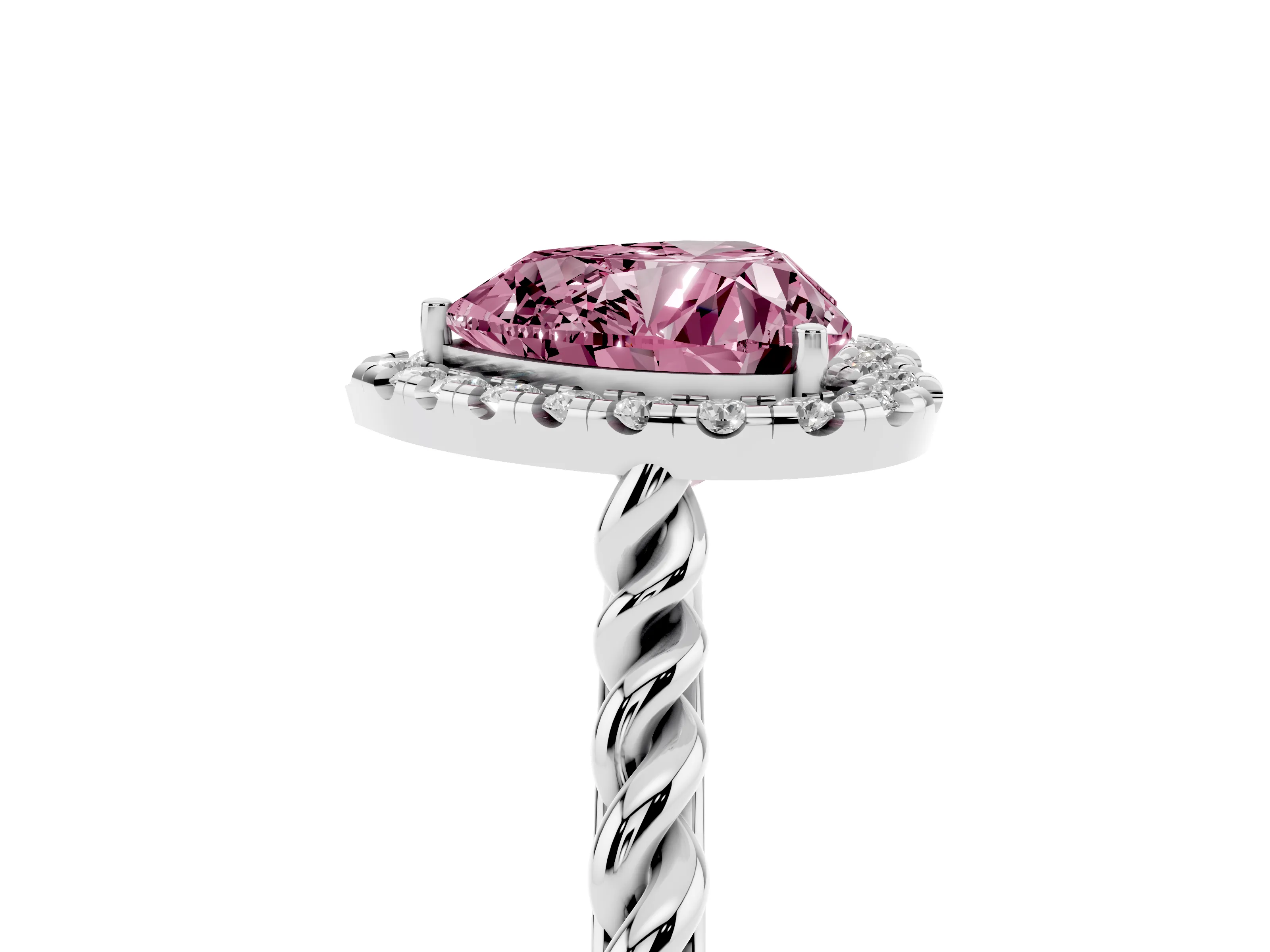 Fancy Pink Heart Cut Diamond Halo Ring Set in White gold with Plain Twisted Band