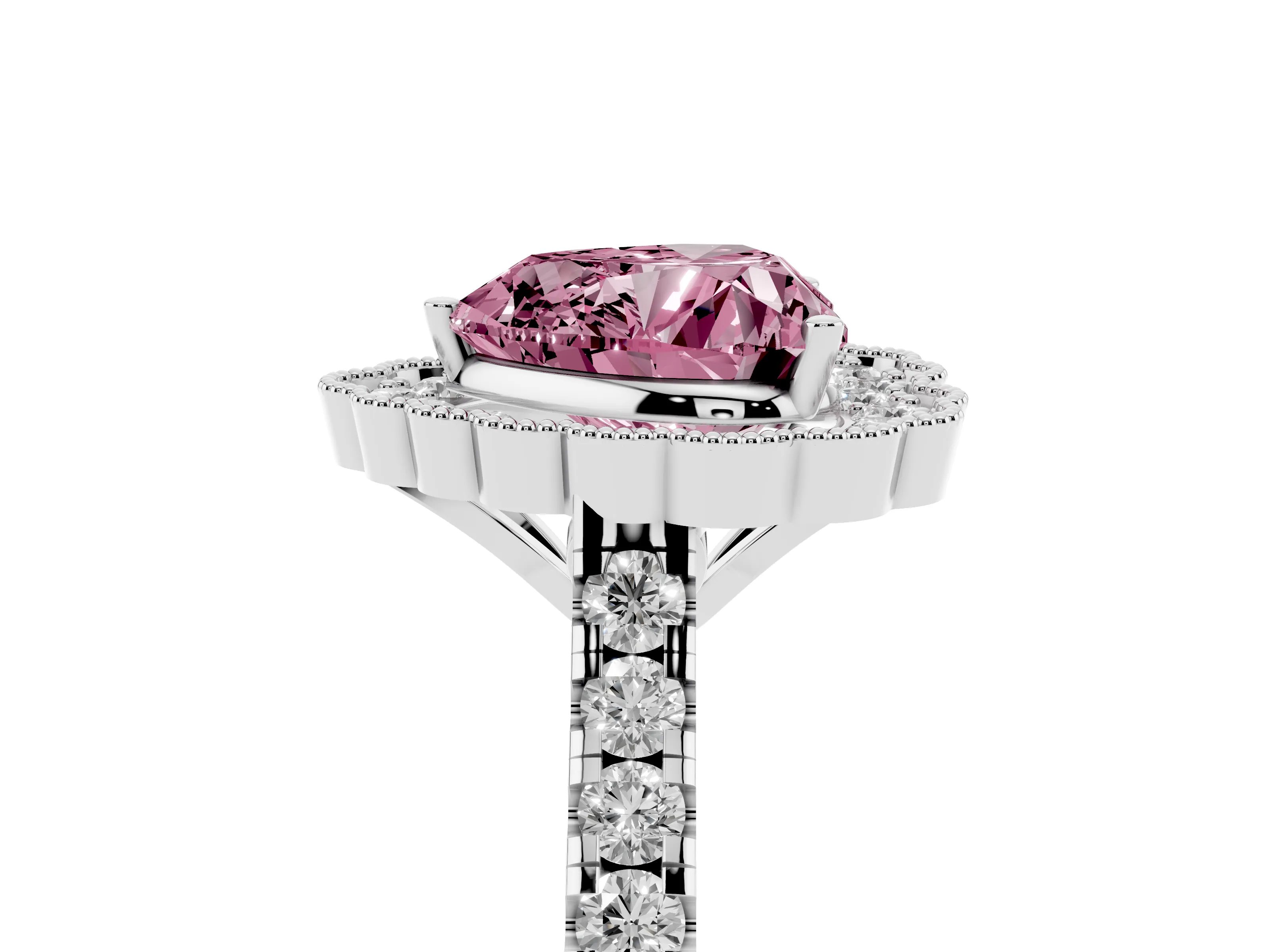 Fancy Pink Heart Cut Diamond Milgrain Floral Halo Engagement Ring Set in White gold with Pavé Band