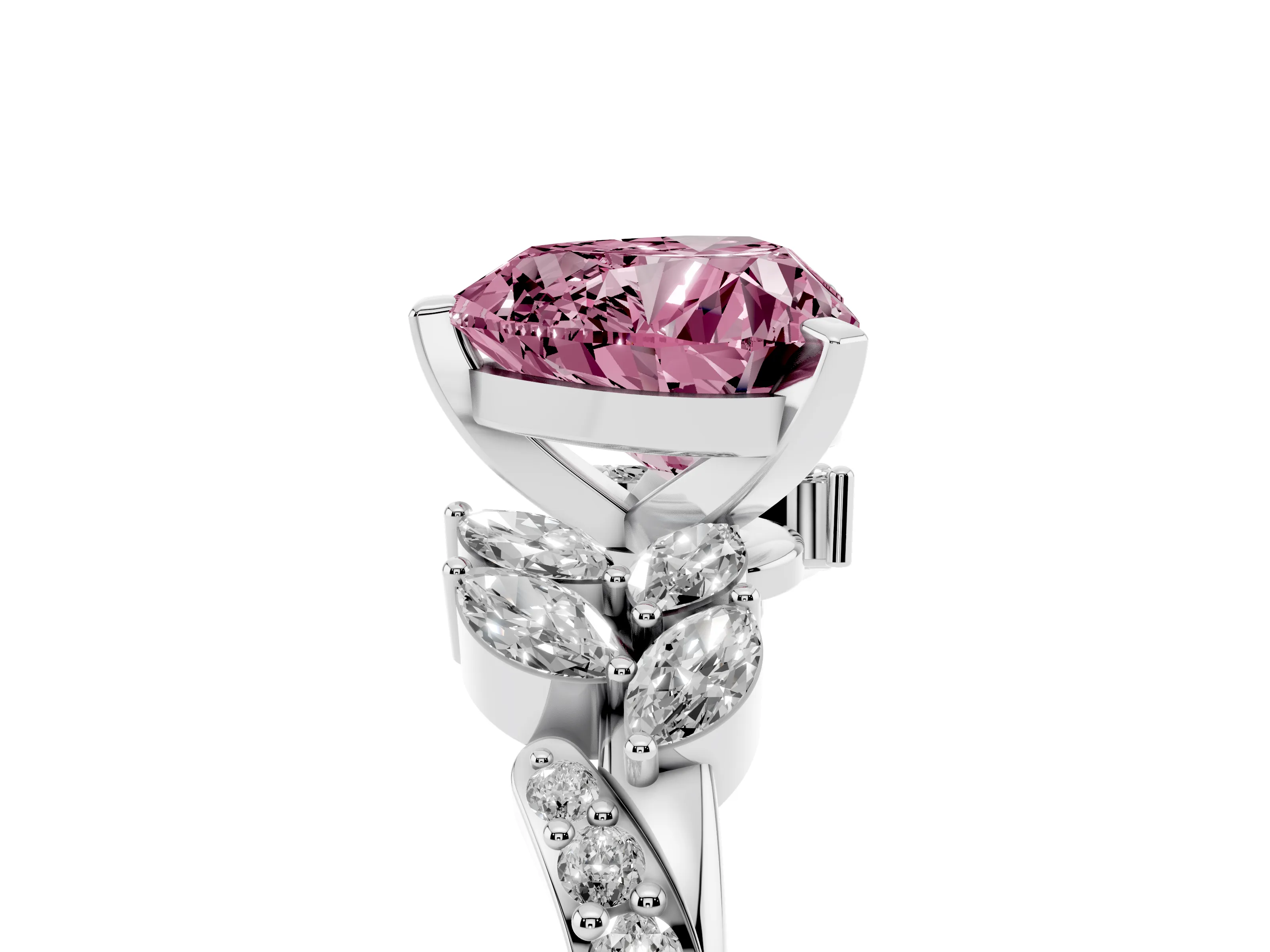 Fancy Pink Heart Cut Diamond Solitaire Ring Set in Silver with Marquise Twist Band and Prong Setting