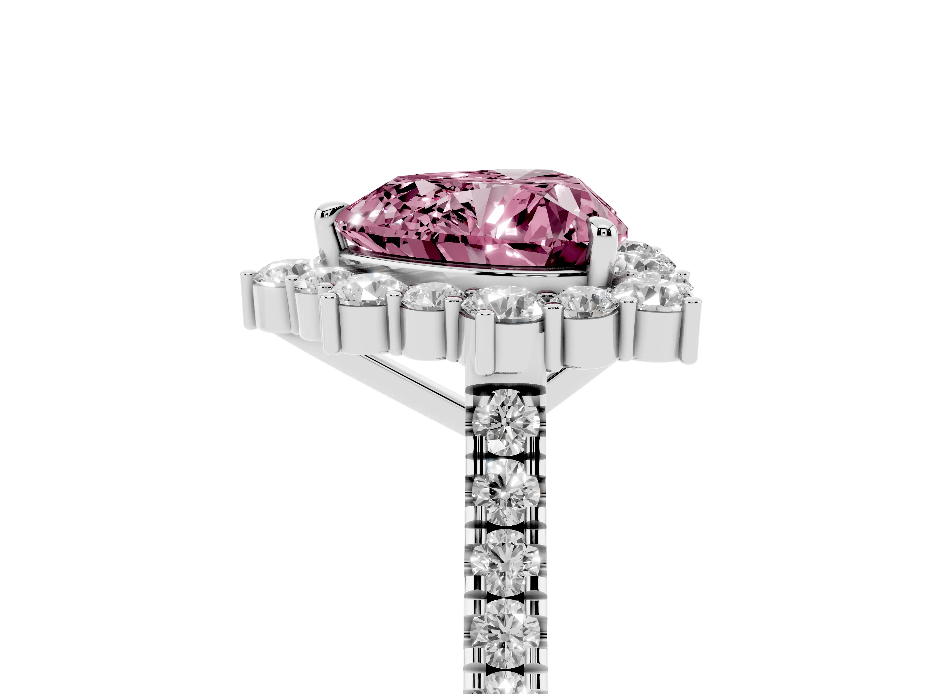 Fancy Pink Heart Cut Diamond Halo Ring Set in Silver with Pavé Band and Prong Setting