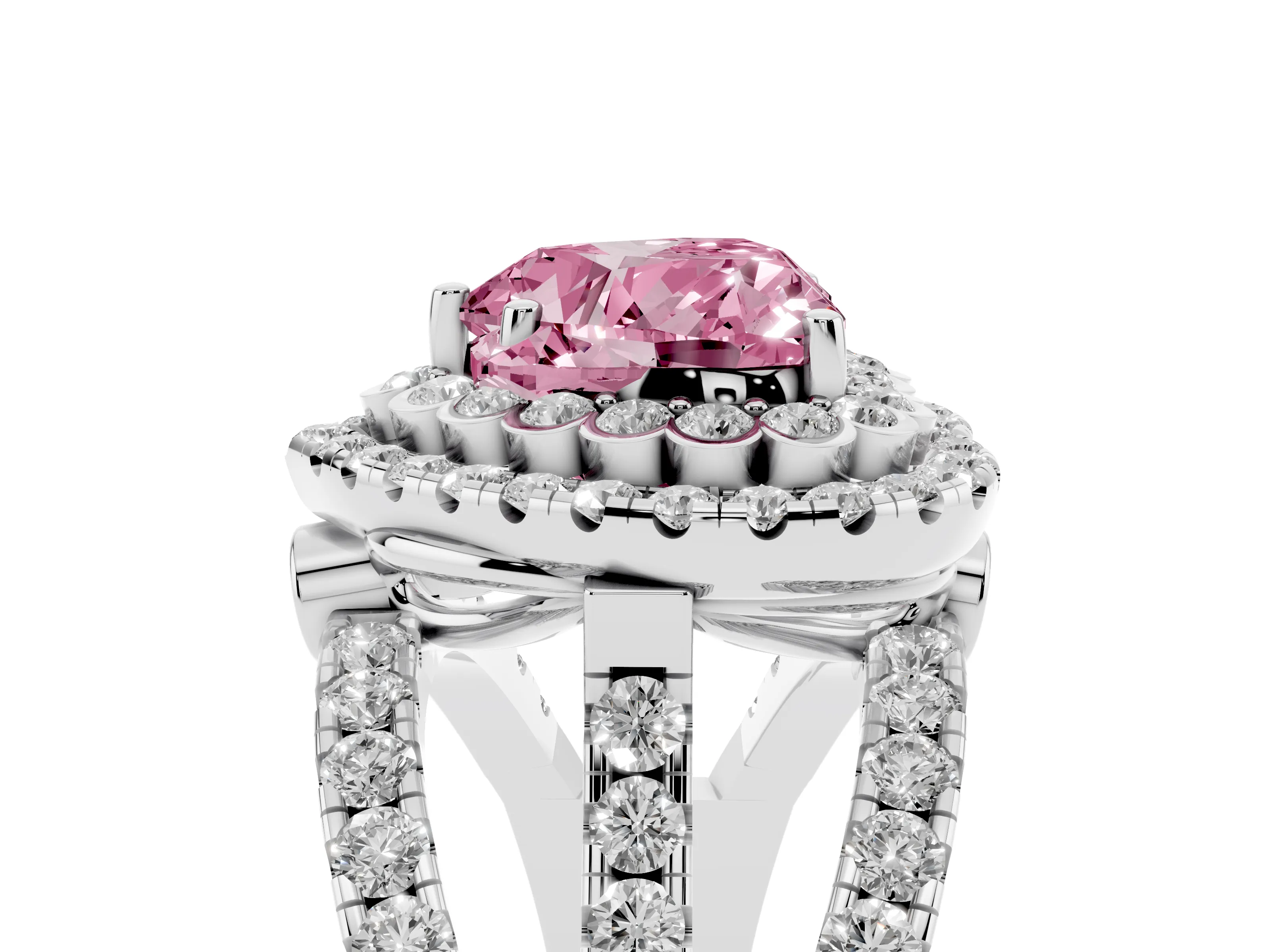 Fancy Pink Heart Cut Diamond Double Halo Ring Set in White gold with Round Pavé Split Shank
