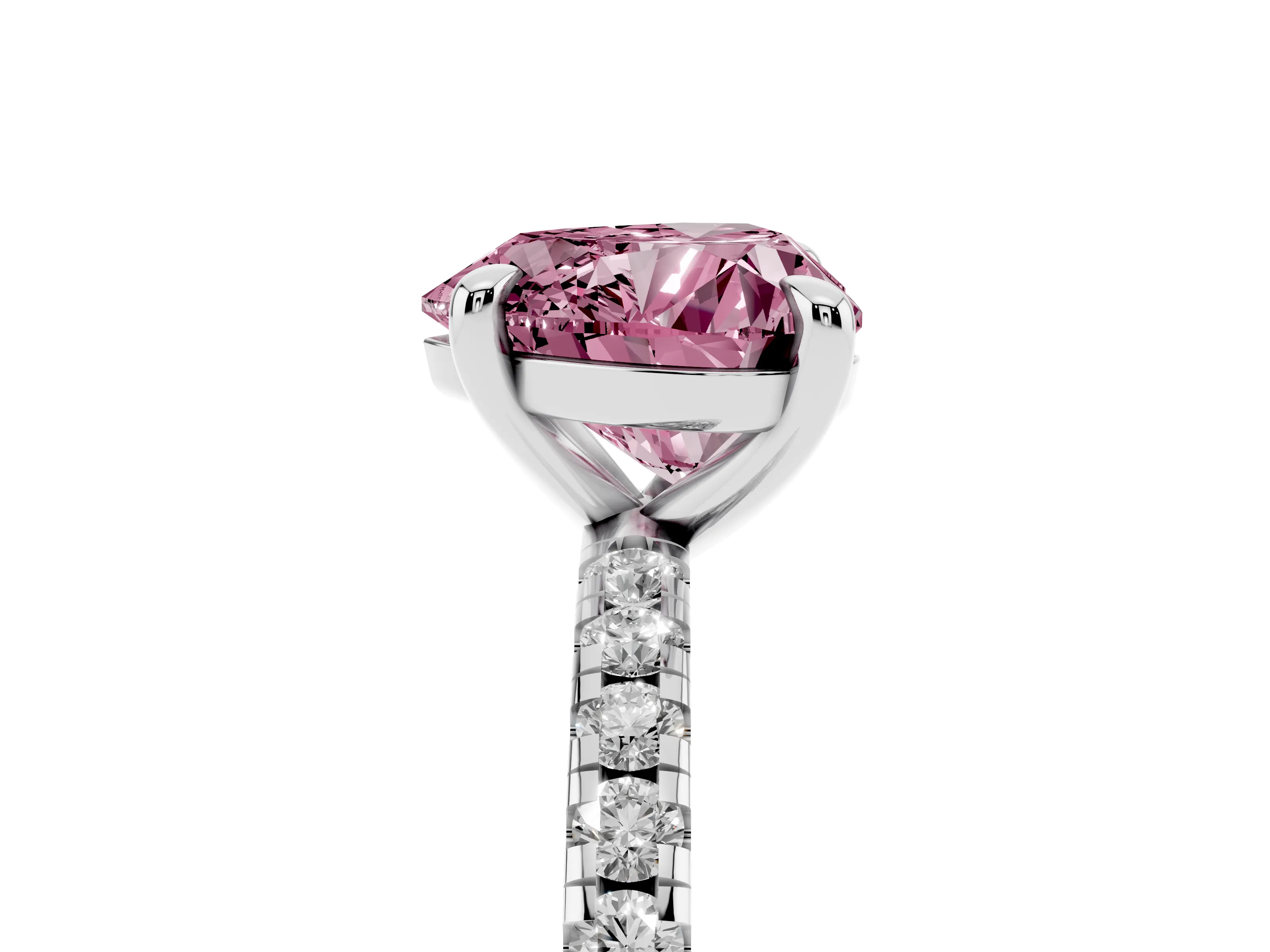 Fancy Pink Heart Cut Diamond Brilliant Solitaire Ring Set in White gold with Pavé Band and Prong Setting