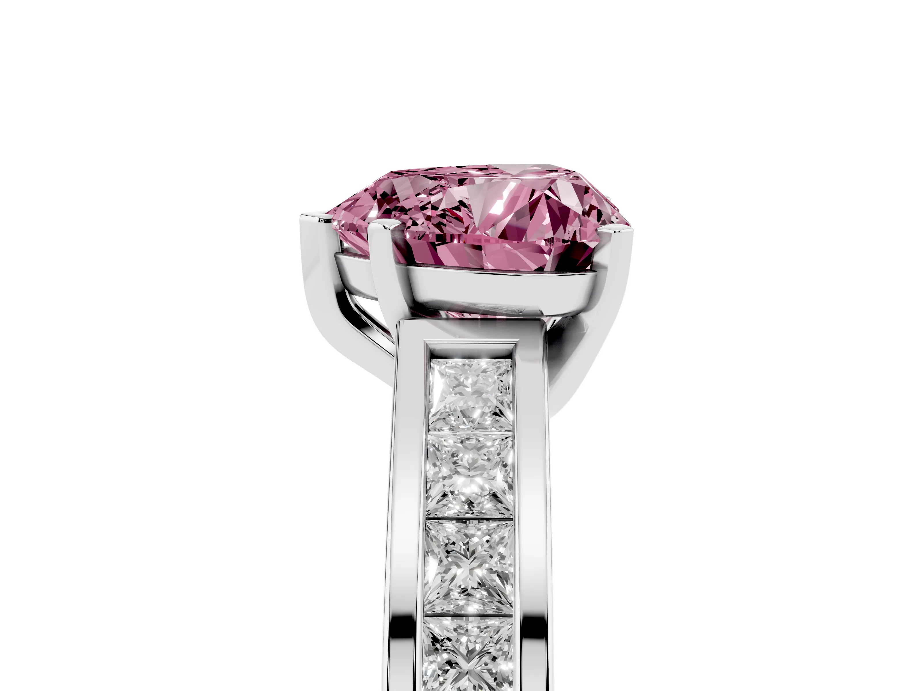 Fancy Pink Heart Cut Diamond Solitaire Ring Set in White gold with Channel-Set Band and Prong Setting