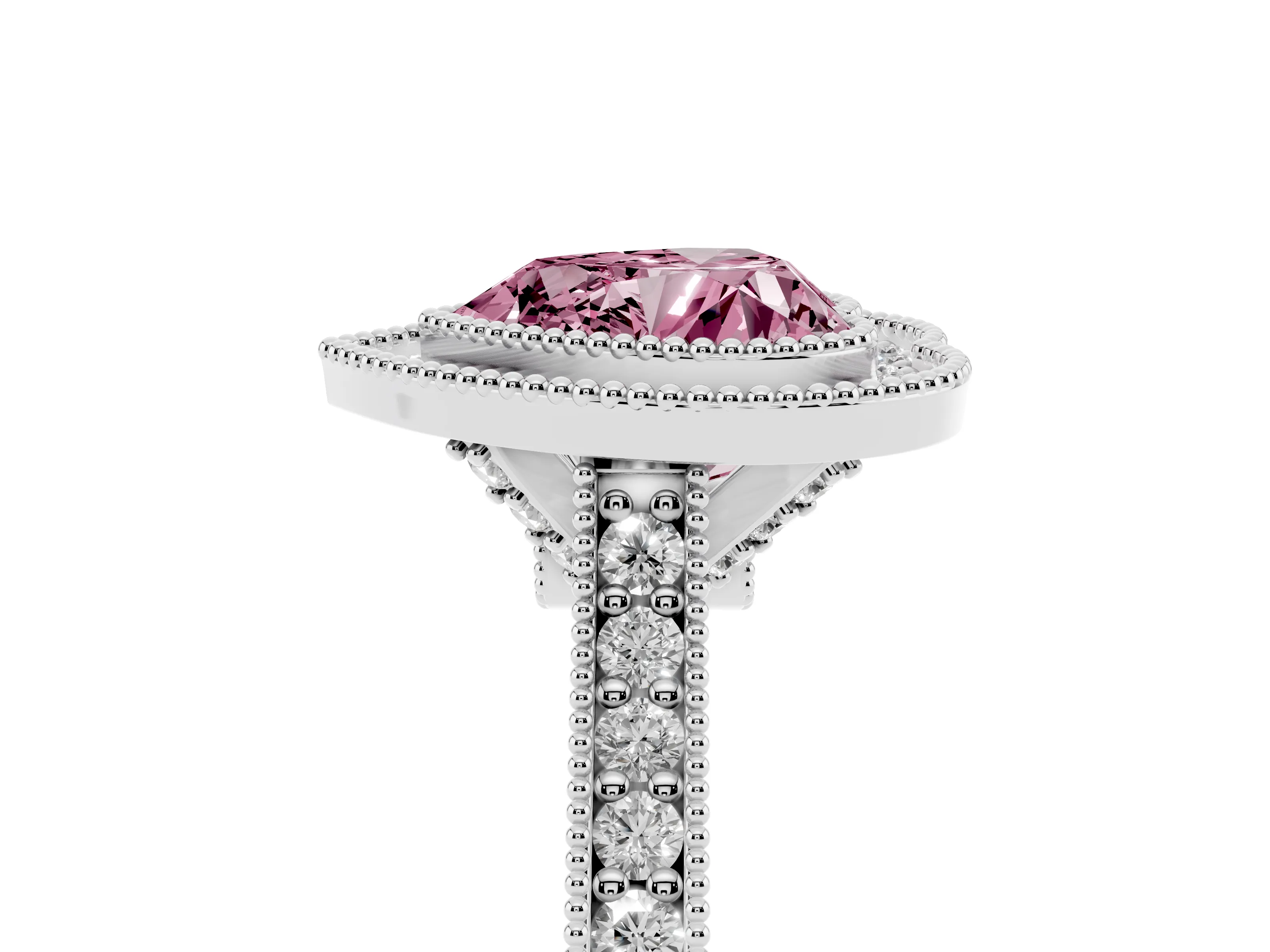 Fancy Pink Heart Cut Diamond Halo Milgrain Pavé Band Ring Set in Platinum with Prong Setting