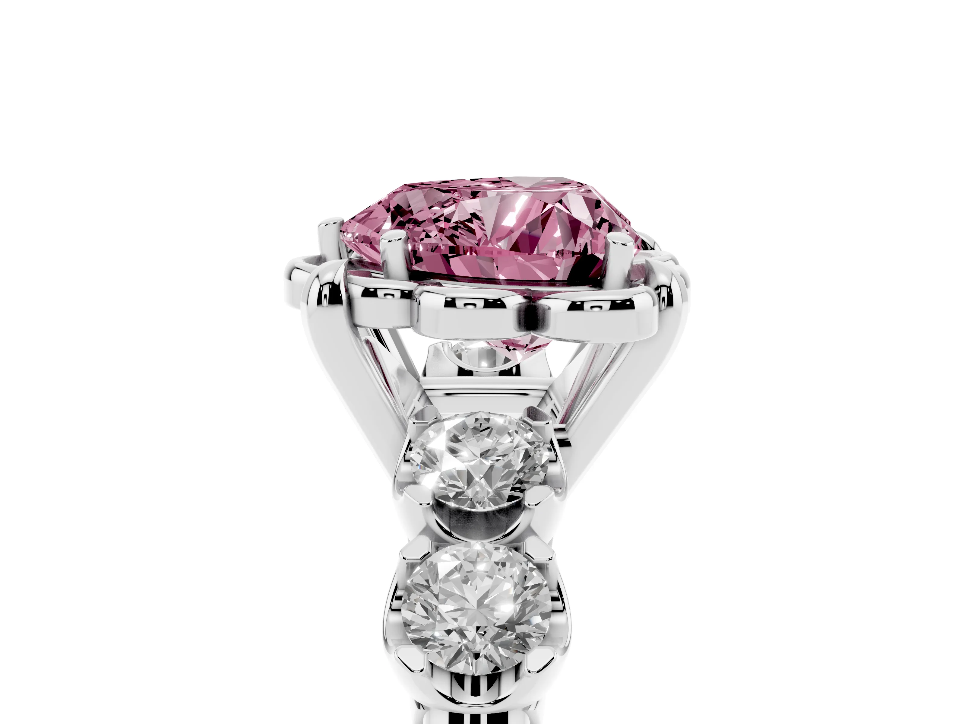 Fancy Pink Heart Cut Diamond Floral Halo Ring Set in Silver with Shared Prong Band