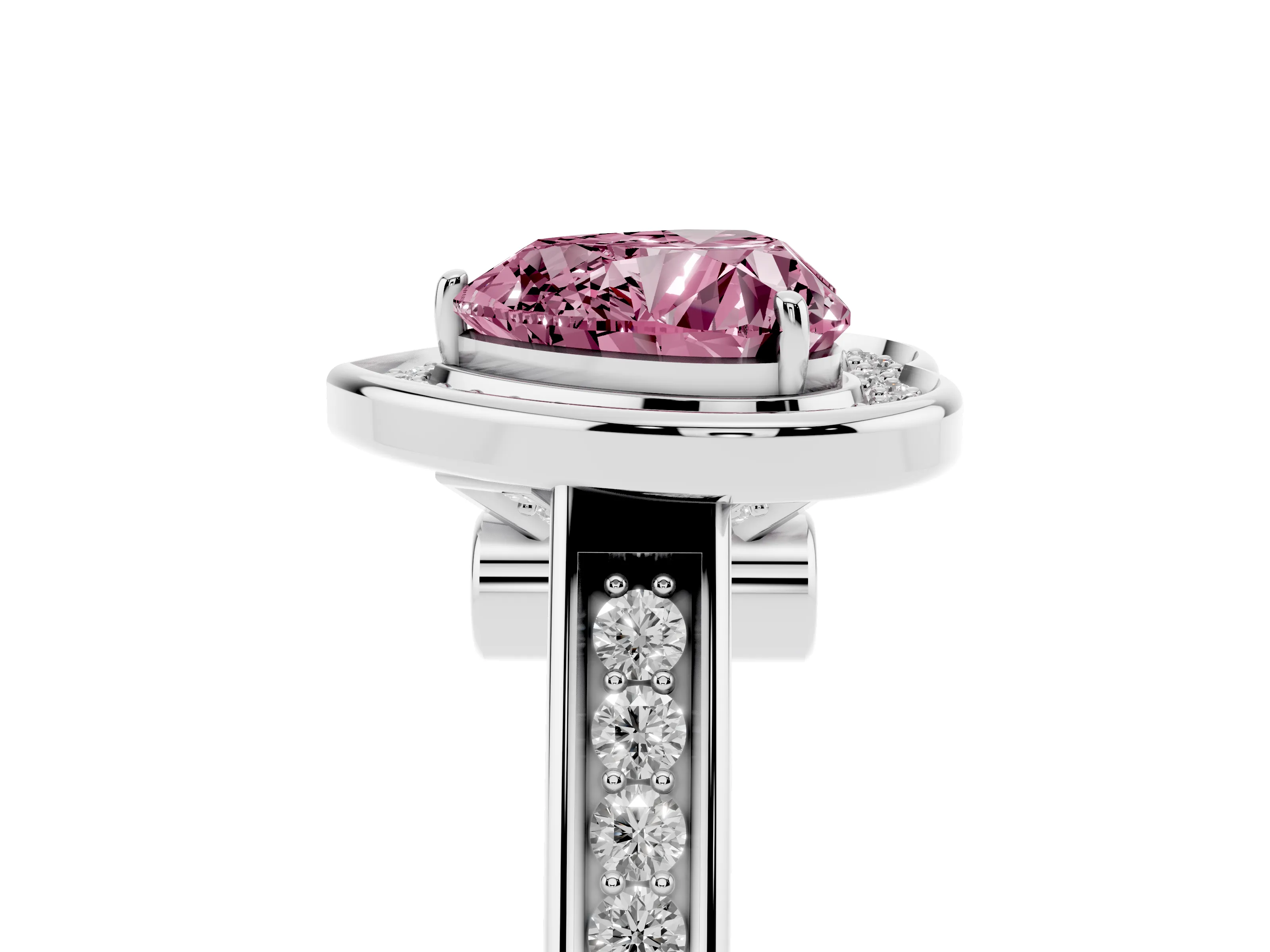 Fancy Pink Heart Cut Diamond Halo Solitaire Ring Set in Silver with Pavé Band and Bezel Setting