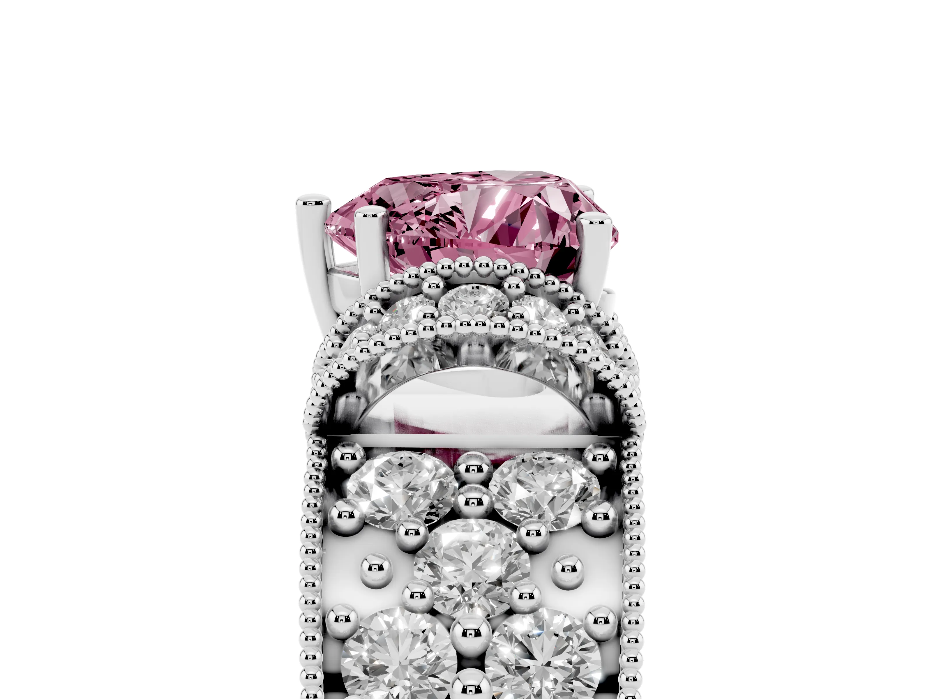 Fancy Pink Heart Cut Diamond Milgrain Halo Pavé Engagement Ring Set in Silver with Prong Setting