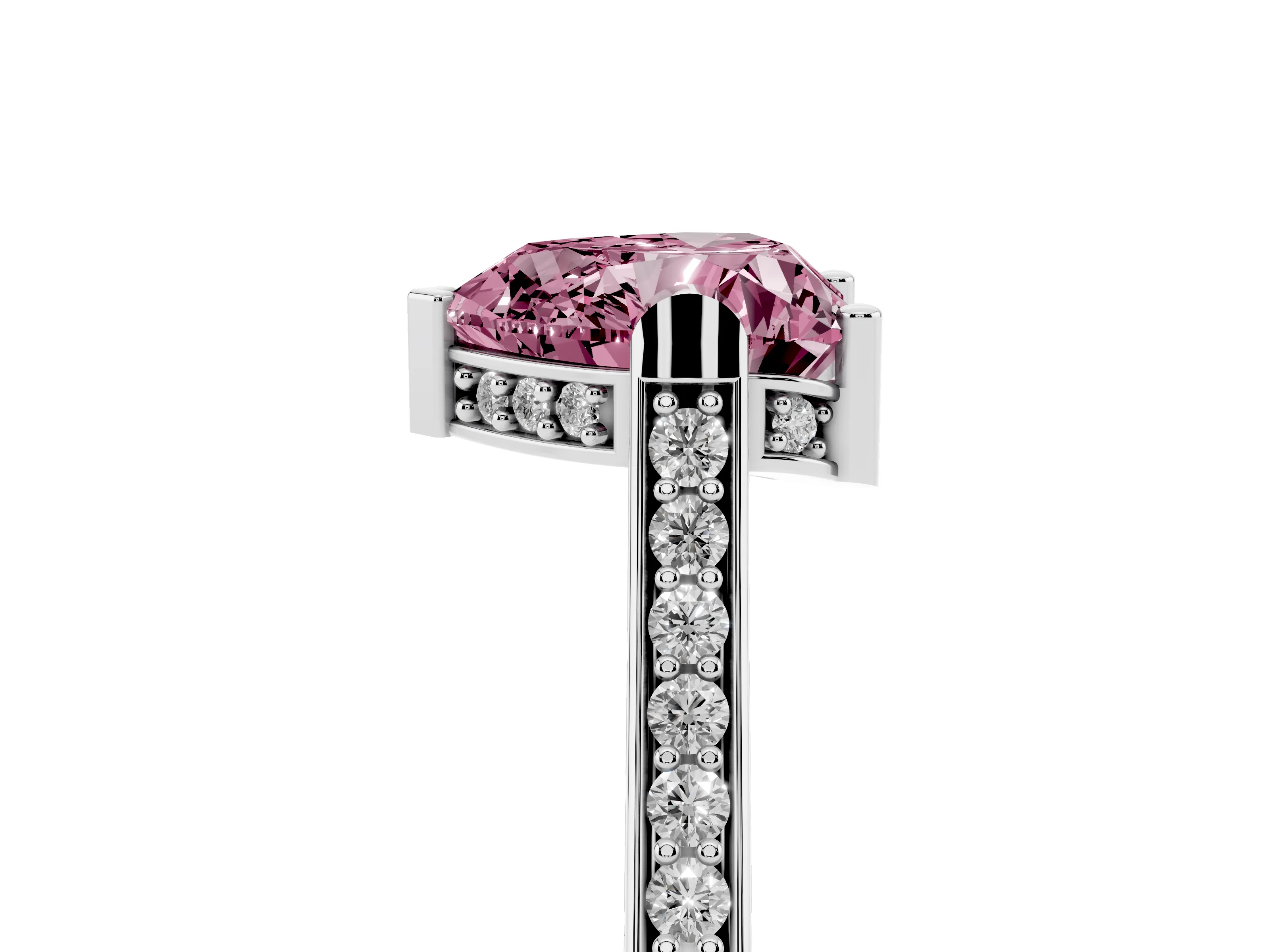 Fancy Pink Heart Cut Diamond Solitaire Ring Set in White gold with Channel Set Band and Bezel Prong Setting